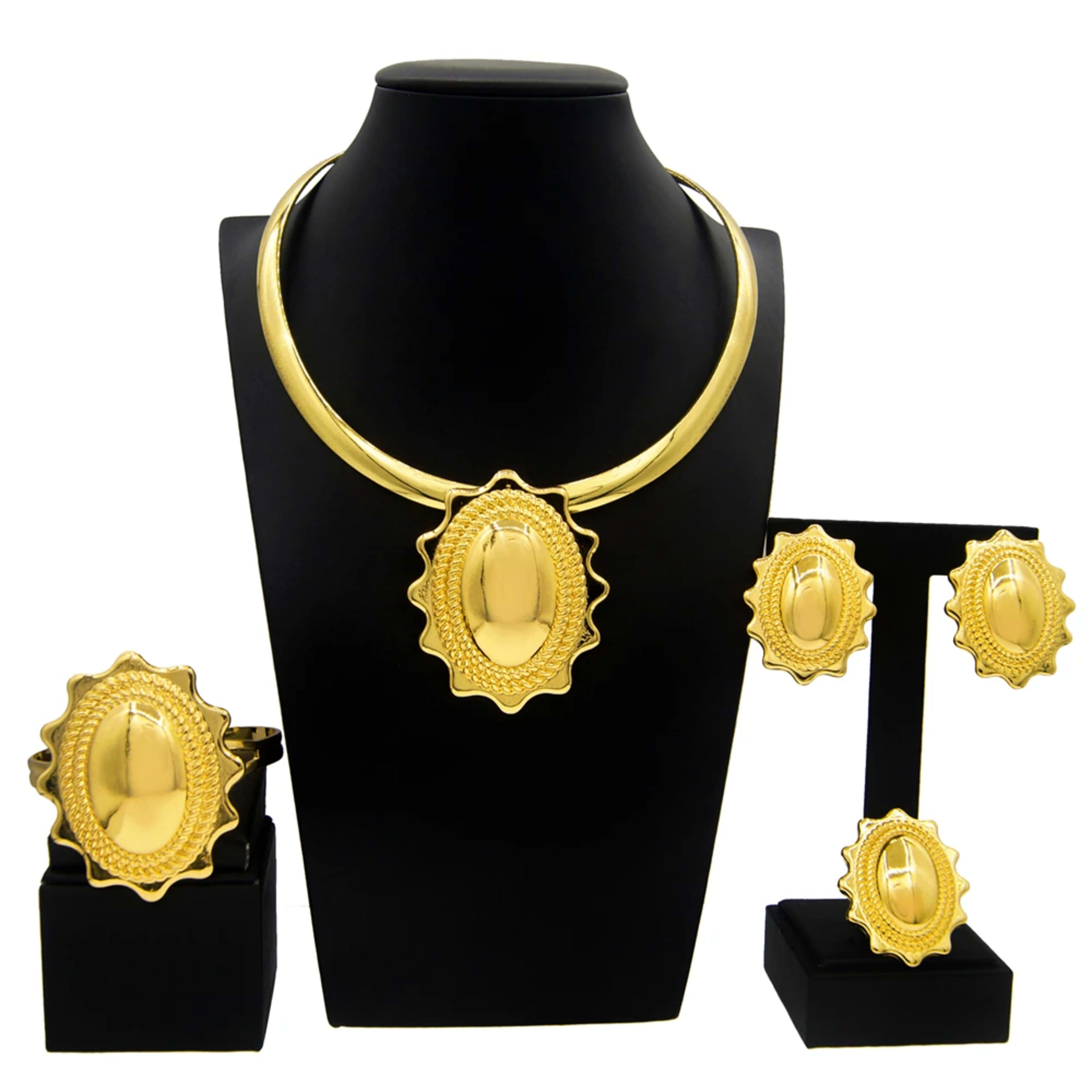 Jewelry Sets For Women Pendant Necklace Gold Plated Silver Simple Fashion Design Big Earring Bracelet Ring Sets Exquisit 4