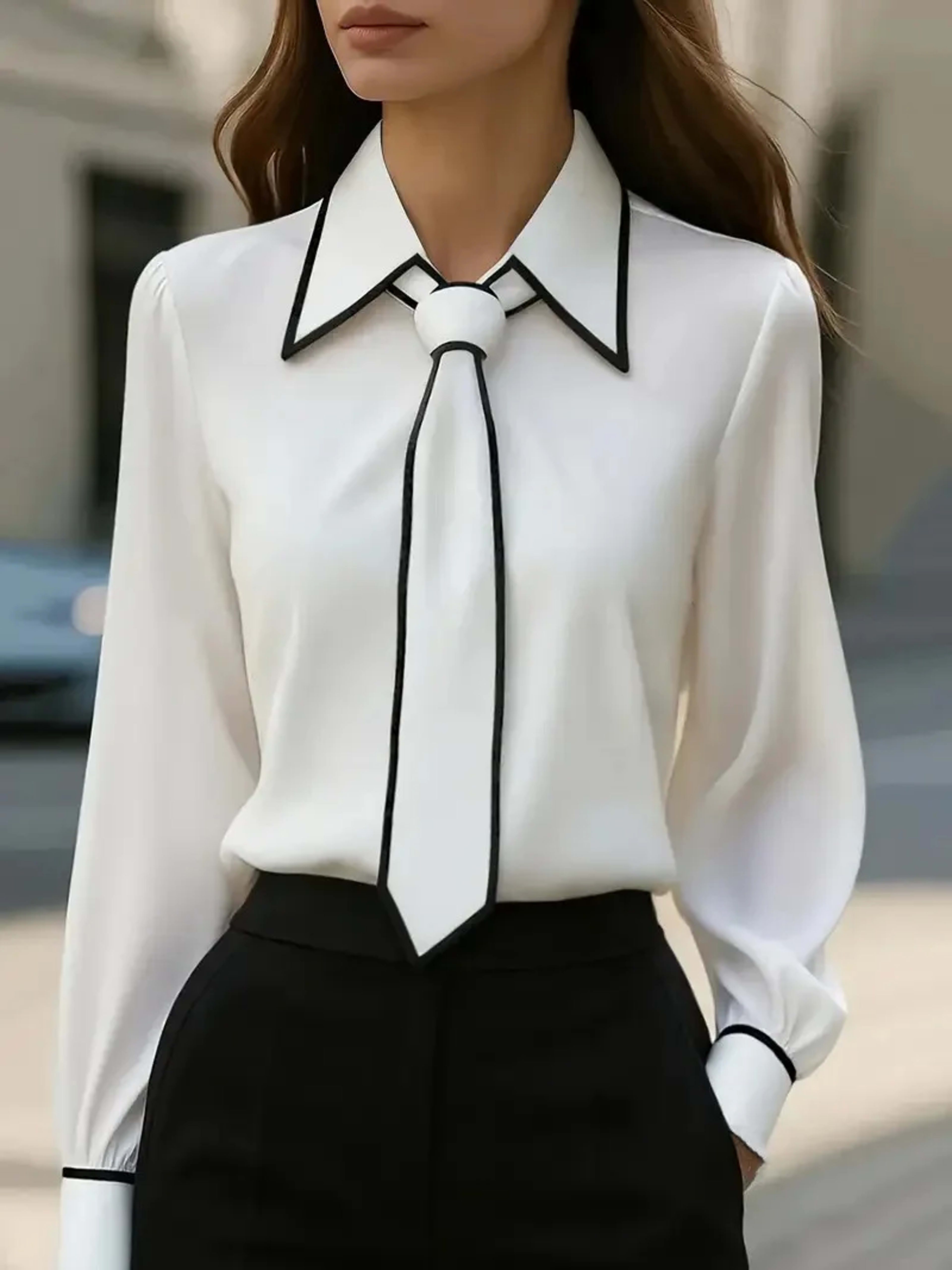 Women's Blouse Fashion Shirt Formal Bow Tie Long-sleeve Contrasting Trim Tops Slim-fit Workwear Elegant Office Lady Shir