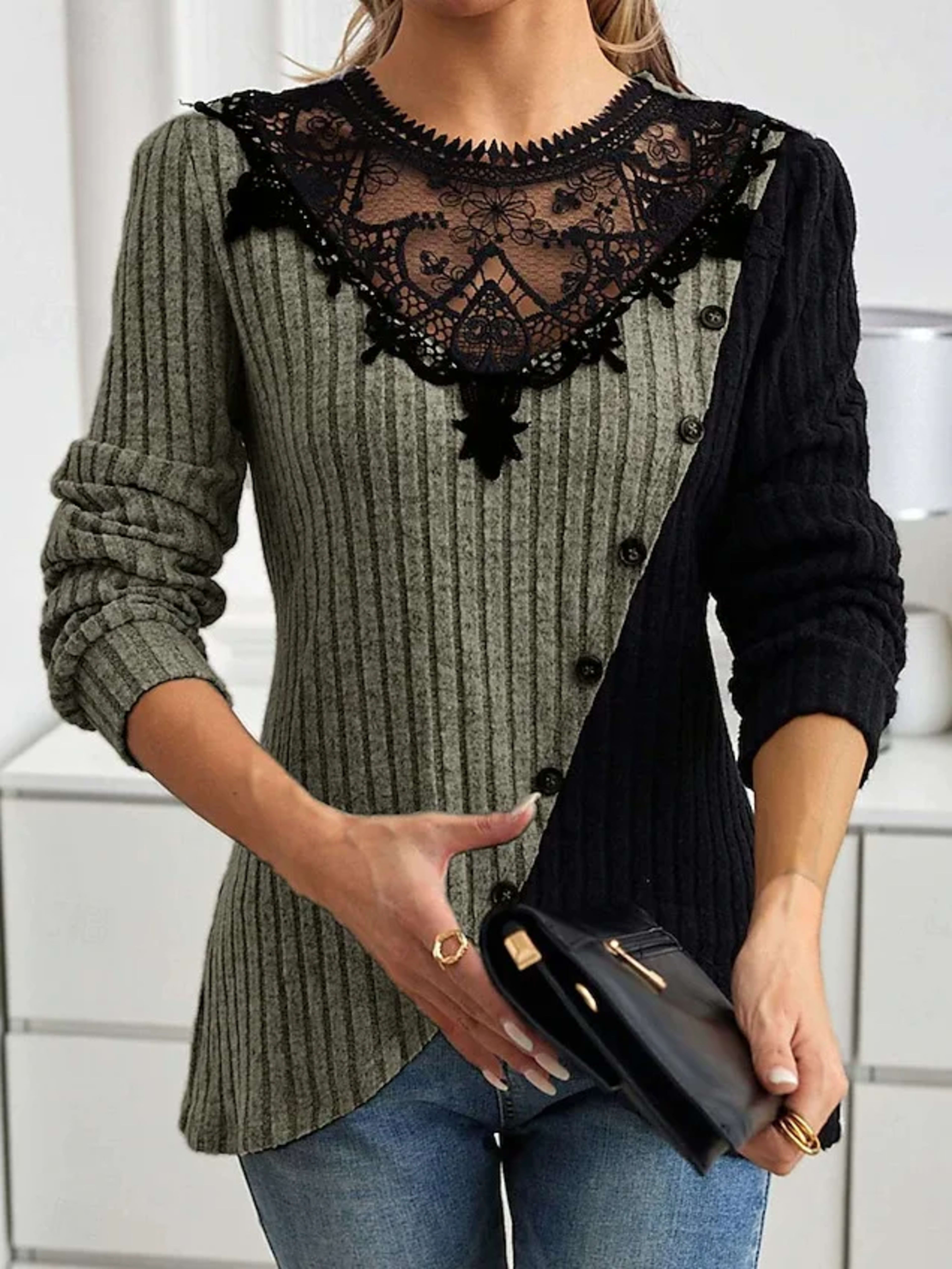 Women's Blouse Solid Color Elegant Stylish Basic Long Sleeve Crew Neck Regular Tops Daily Lace Patchwork Spring Fall Win 9