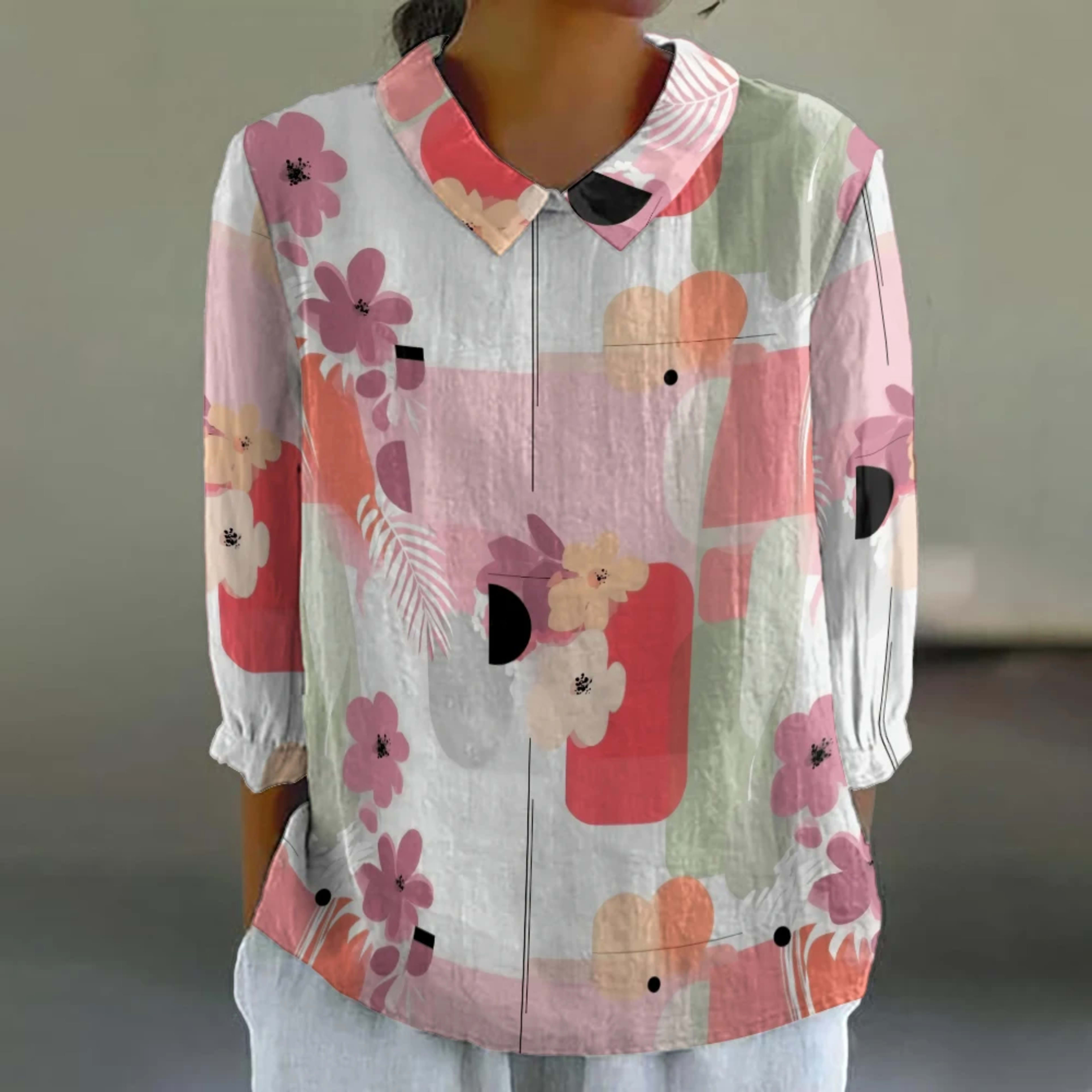 Women's Floral Shirt Cute 3/4 Sleeve Blouse Breathable Vacation Top Resort Style Button Down Tunic Summer Casual Shirt P 1