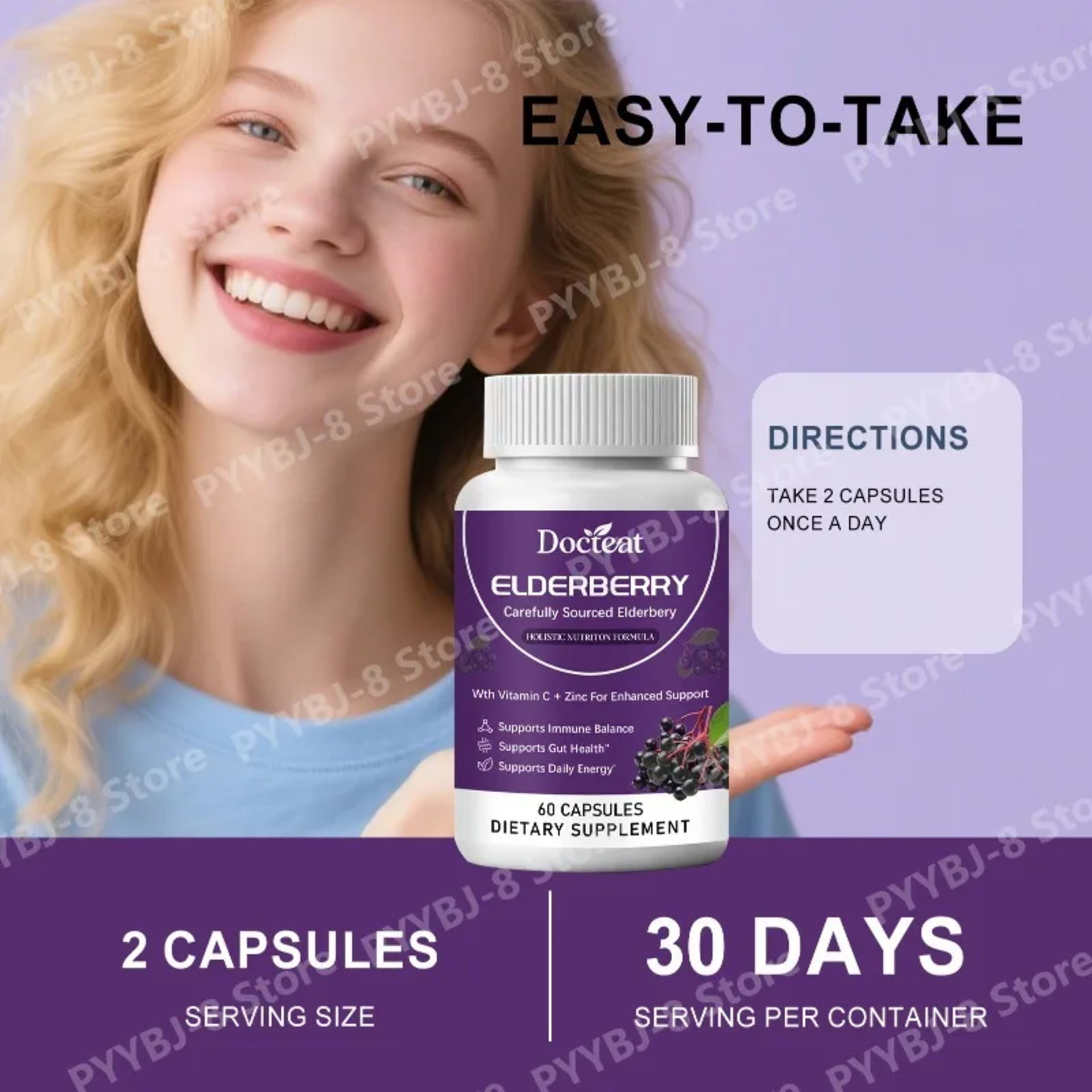 Elderberry Capsule Supplement Contain Elderberry Extract,vitaminC and Zinc Support Intestinal Health & Daily Energy Inta 4