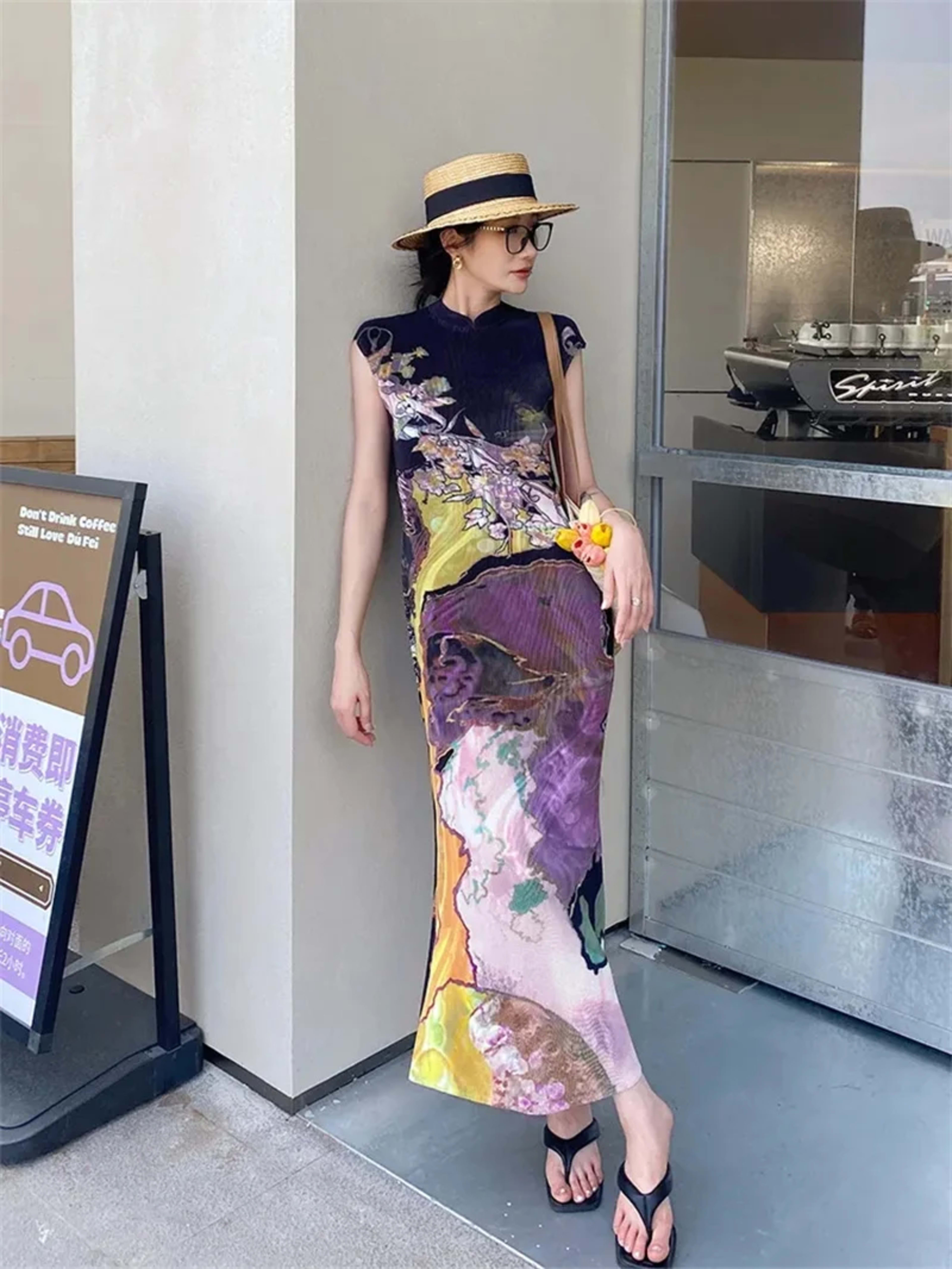 Womens Dresses Woman Clothes  Miyake High-grade Pleated Print Dress Chinese National Style Cheongsam Skirt Fishtail Skir 4