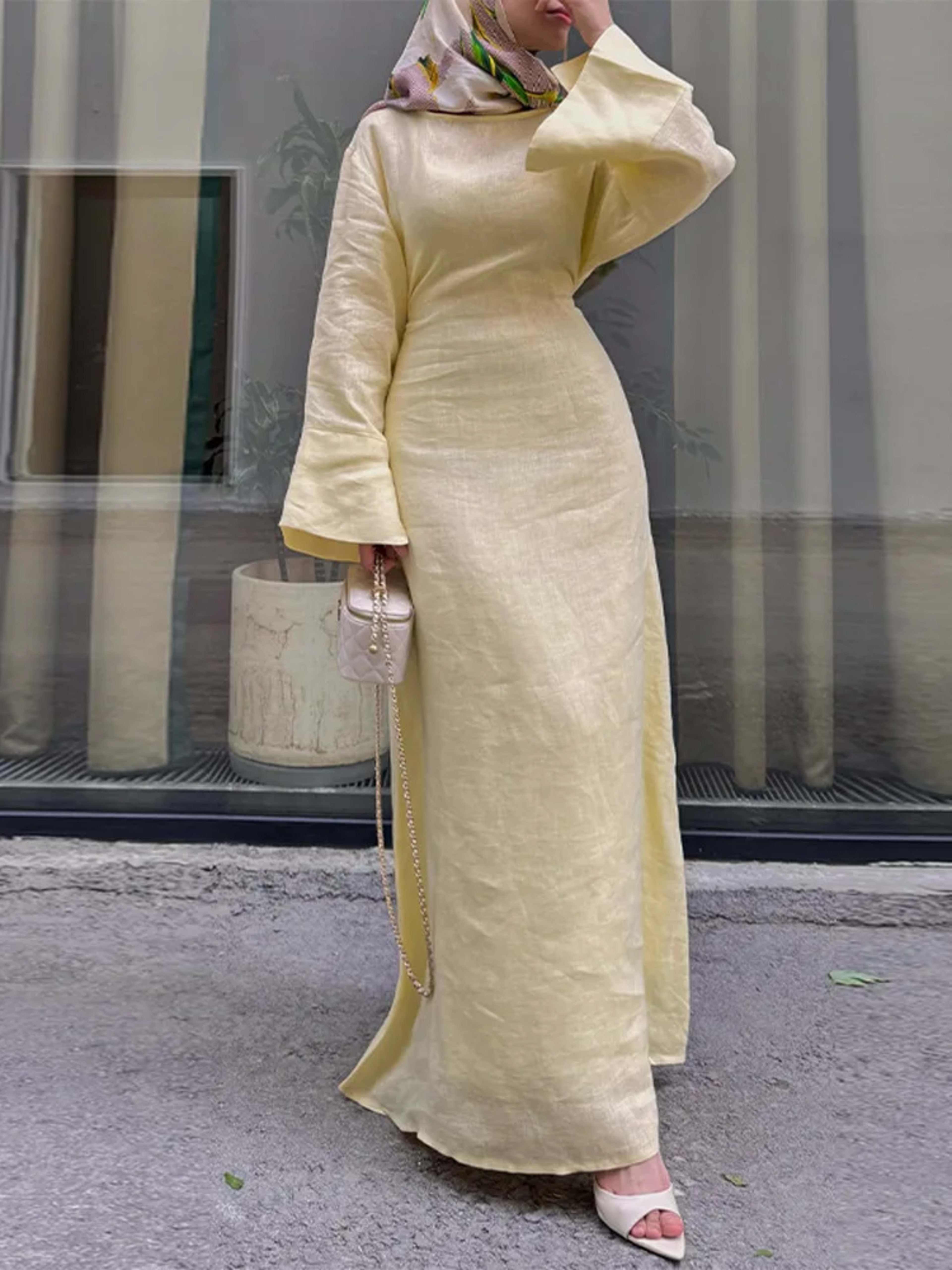 Women' Dresses Elegant O-Neck Cotton Lined Back Lace Up  Flare Sleeve Waist Cinching Long Robes Female Summer Lady Dress 1