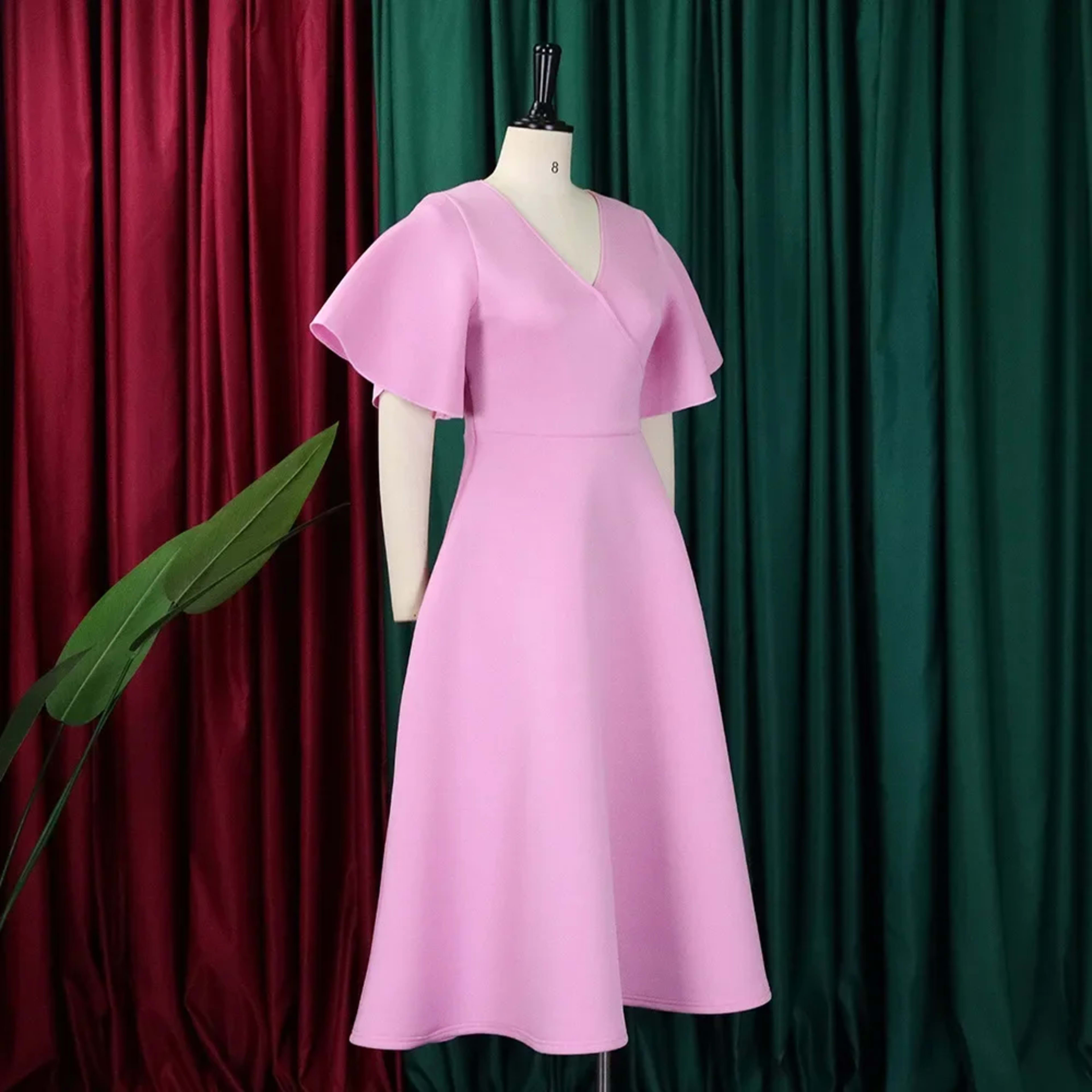 Elegant Dresses for Women V Neck Flare Sleeve High Waisted Pleated A Line Mid Calf Luxury Birthday Party Dinner Vestidos 3