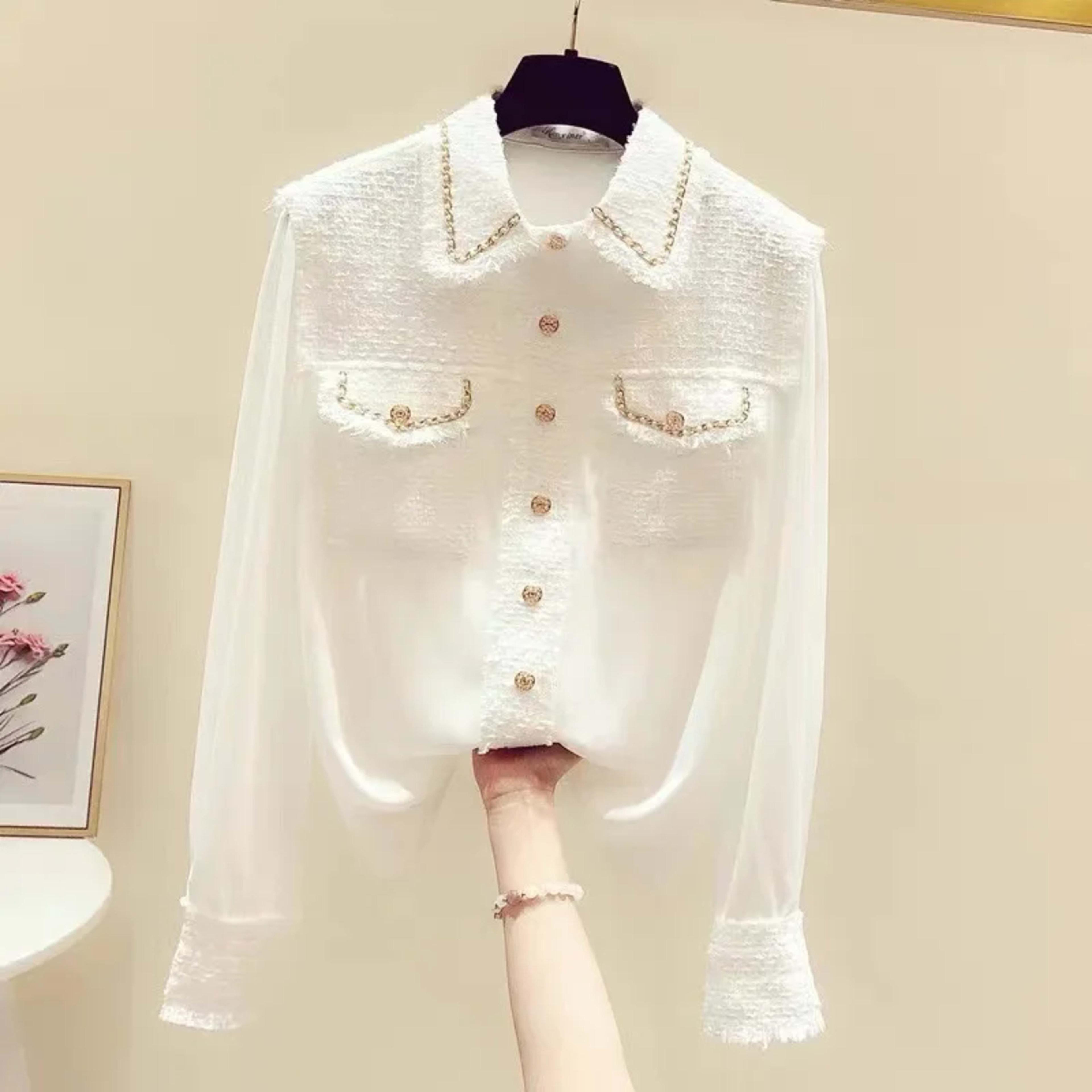 Women's Blouse 2025 Spring Summer New Tweed Patchwork Laple Long Sleeve Shirts Elegant Fashion Slim Tops Office Lady 3