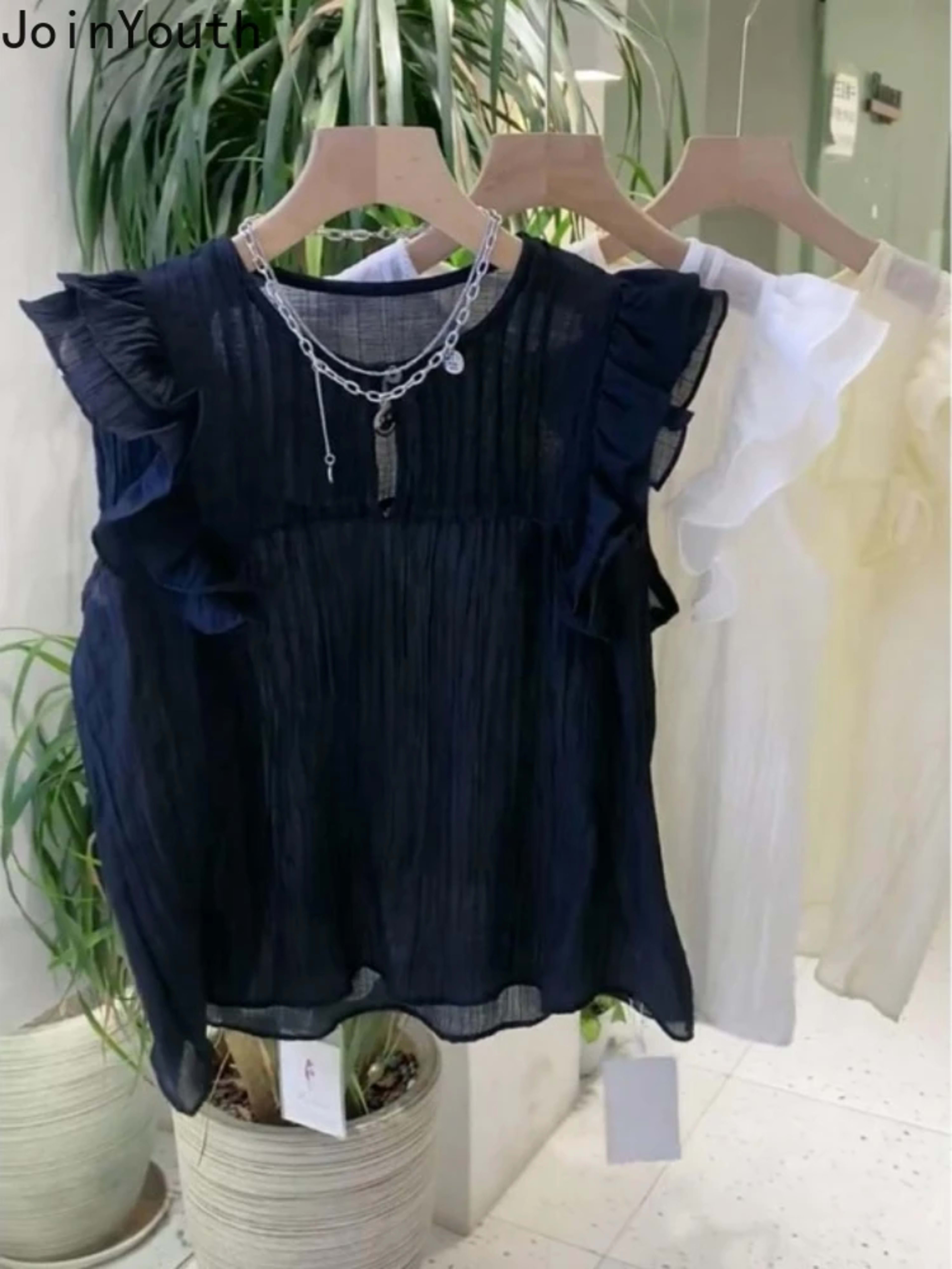 White Blouses for Women 2025 Blusas Mujer De Moda Sleeveless O-neck Loose Shirts Ruffles Loose Vintage Summer Blouse Top 4