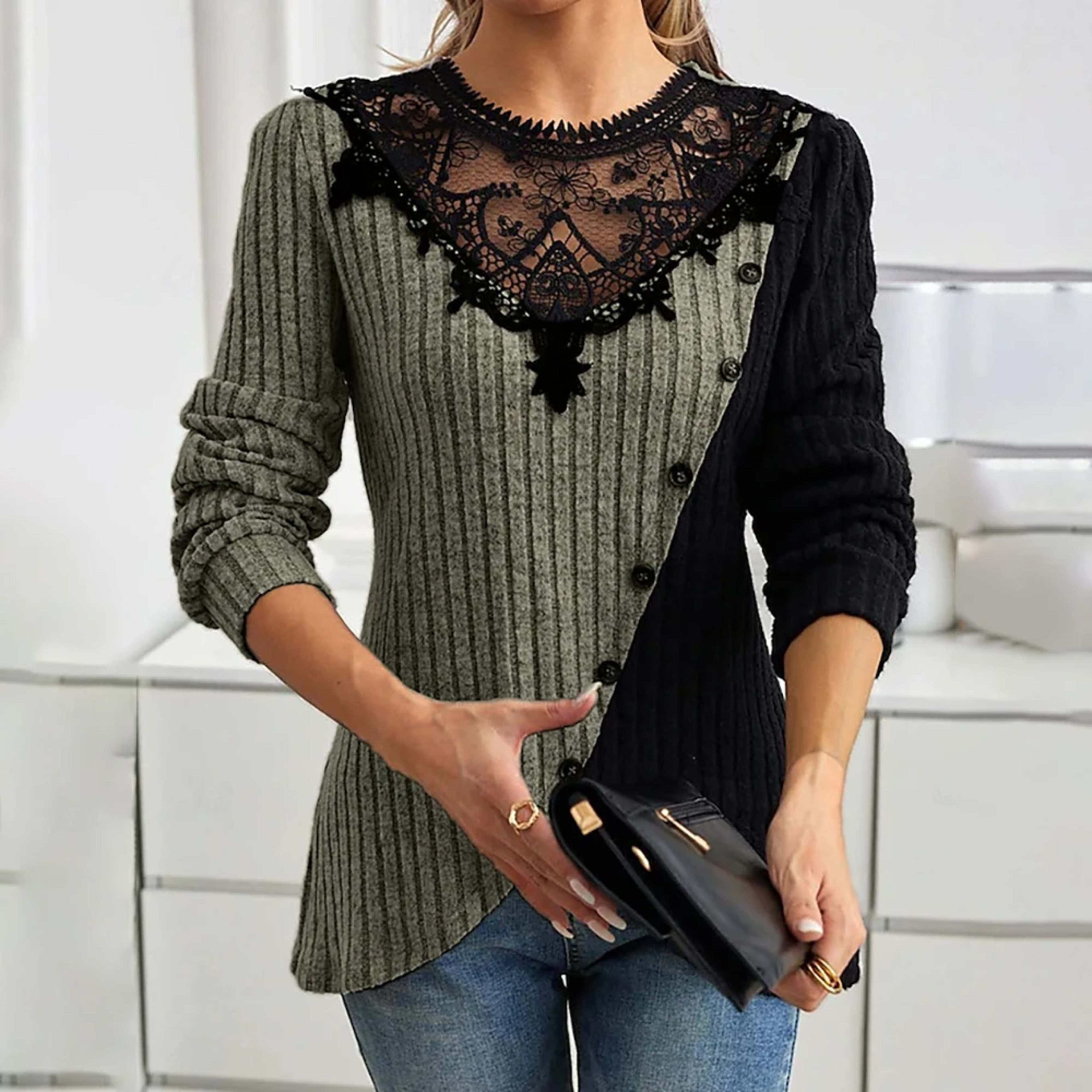 Women's Blouse Solid Color Elegant Stylish Basic Long Sleeve Crew Neck Regular Tops Daily Lace Patchwork Spring Fall Win 3