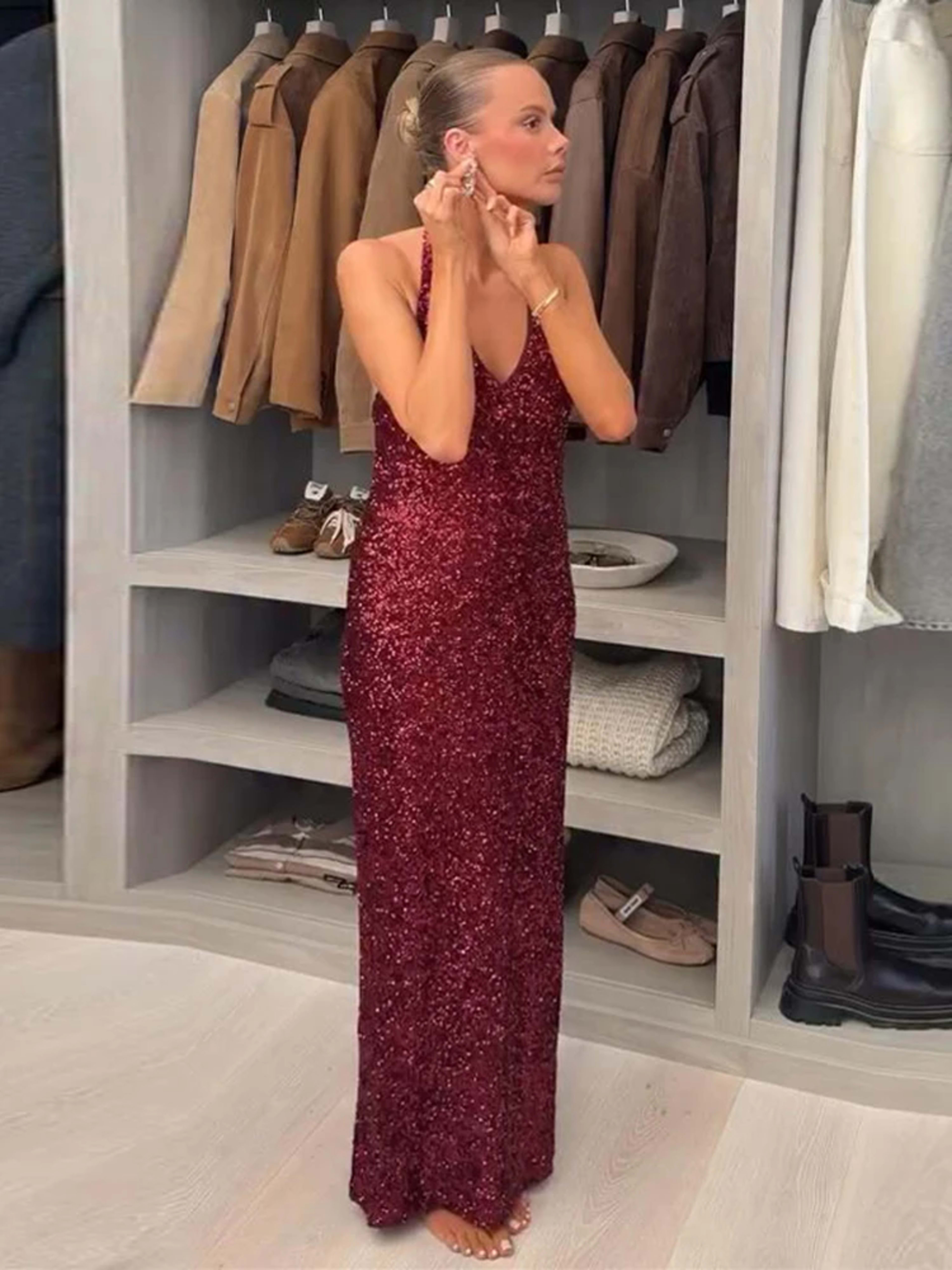 Women's Dresses Trend 2025 Elegant Party Long Evening Dresses Female Clothing Sequin Halter-Neck Maxi Dress Sleeveless O 5
