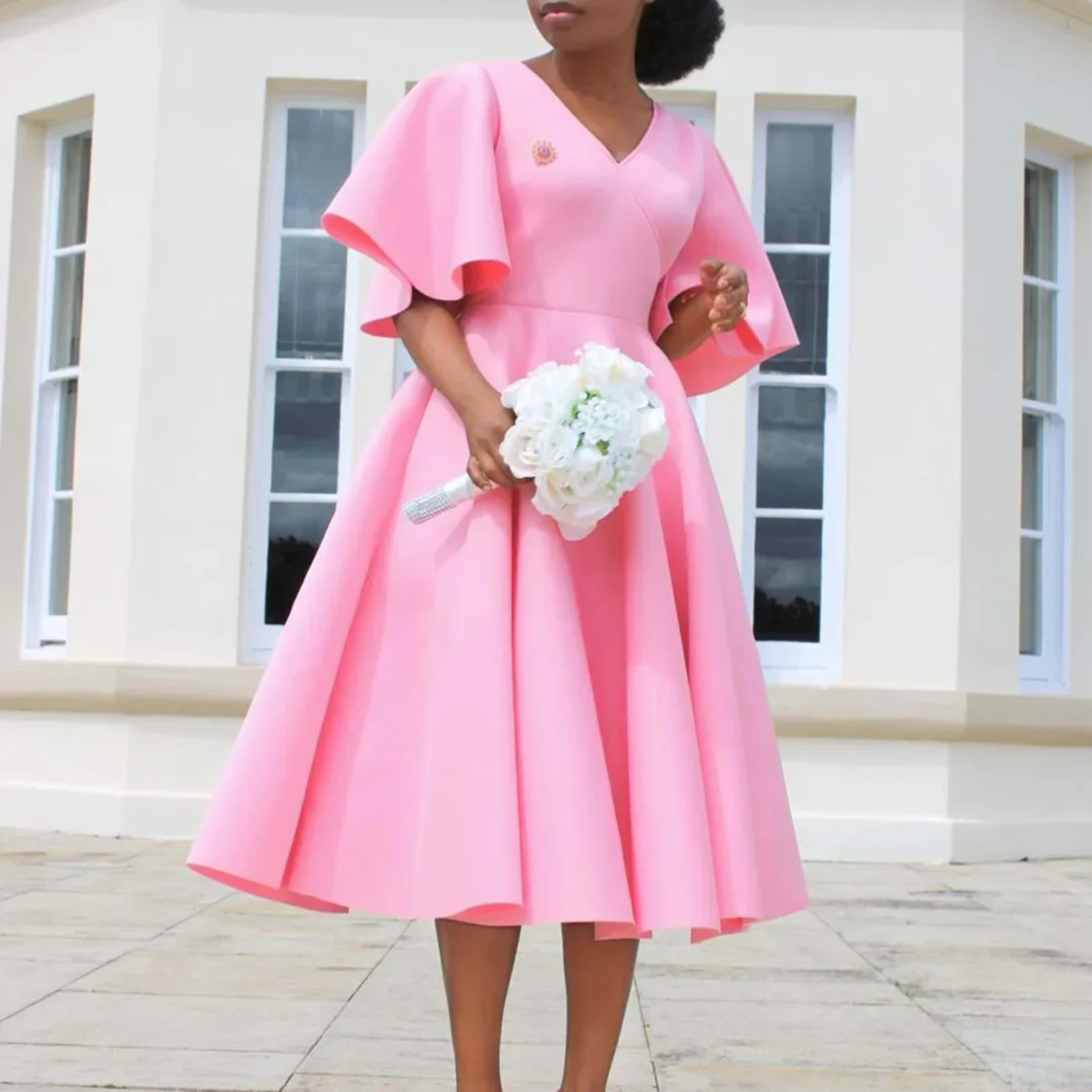 Elegant Dresses for Women V Neck Flare Sleeve High Waisted Pleated A Line Mid Calf Luxury Birthday Party Dinner Vestidos 1