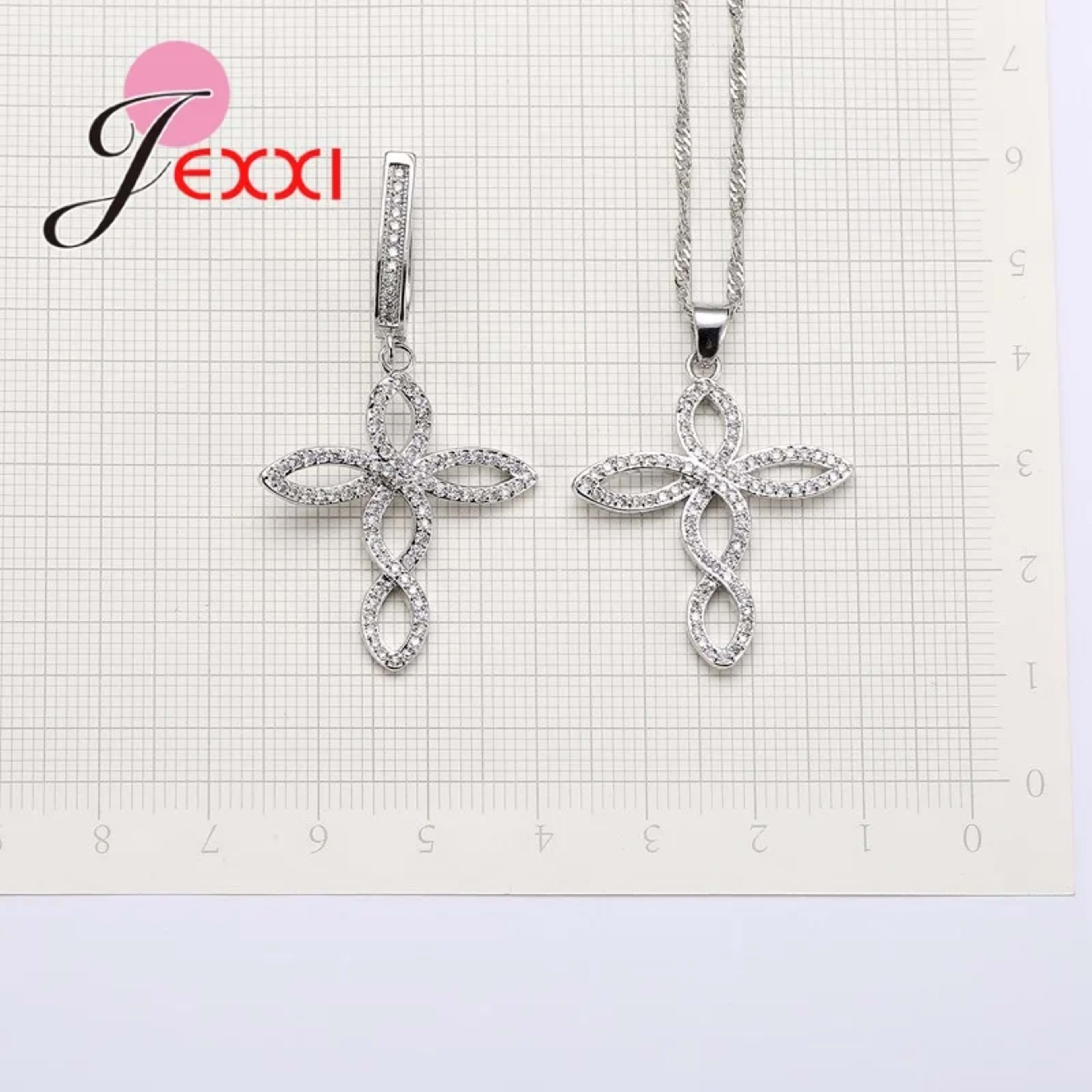 Women Wedding Jewelry Sets Charm Crystal Crooked Cross Pendant Necklaces Earrings Sets Shininy 925 Sterling Silver  Bijo 6
