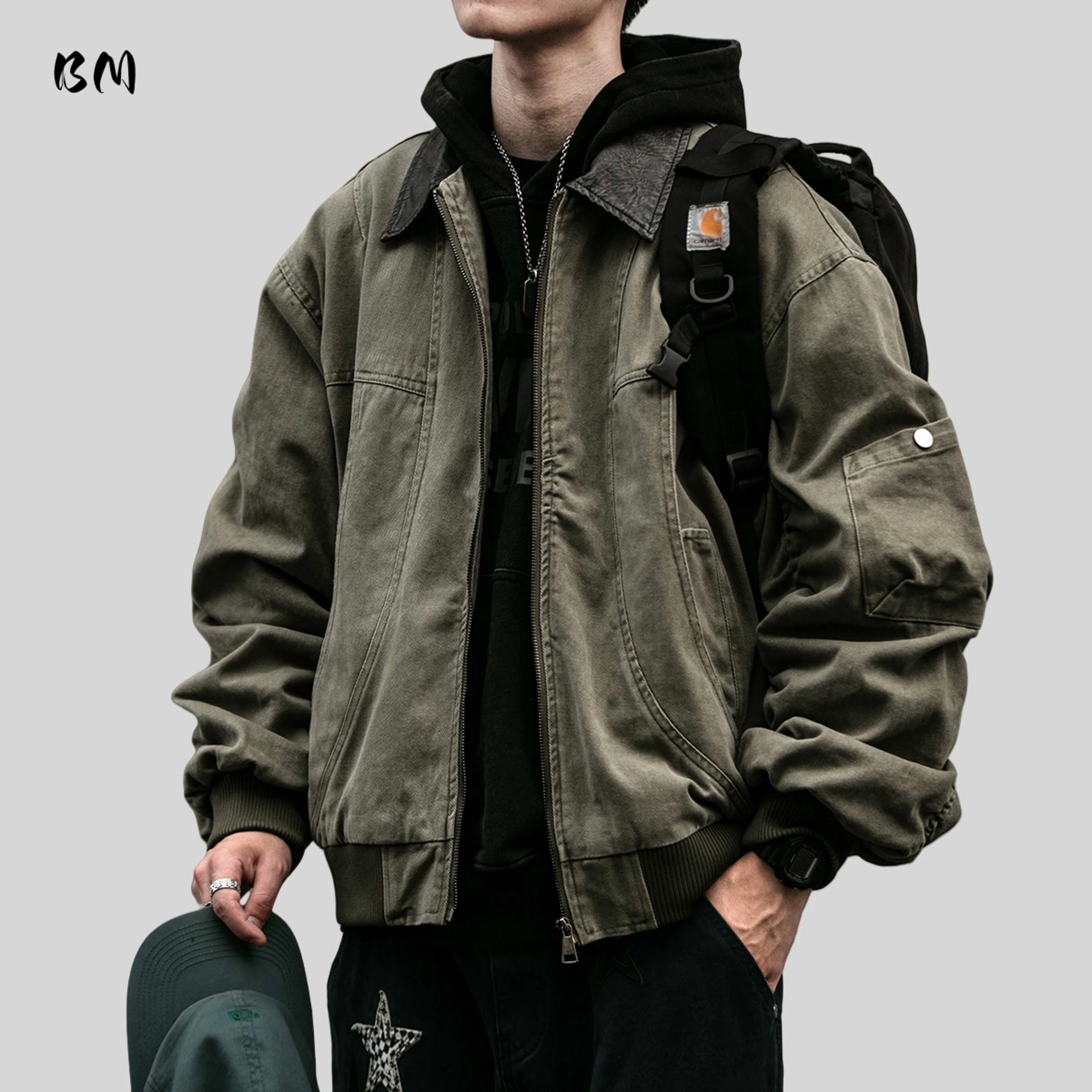 Mens Work Jacket Vintage American Japanese Streetwear Oversized Leather Collar High Quality Spring Autumn Casual Coat To 1