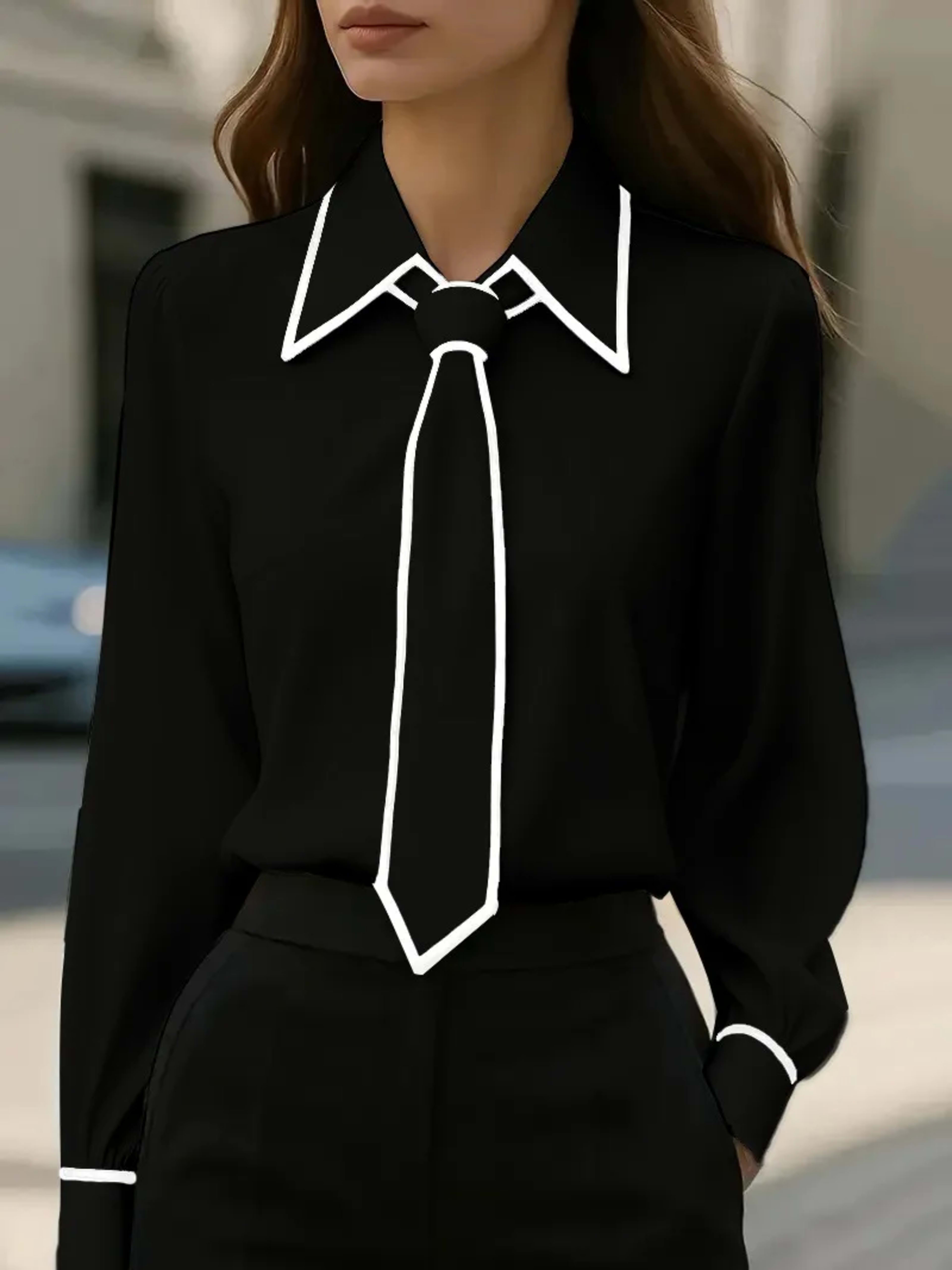 Women's Blouse Fashion Shirt Formal Bow Tie Long-sleeve Contrasting Trim Tops Slim-fit Workwear Elegant Office Lady Shir 8