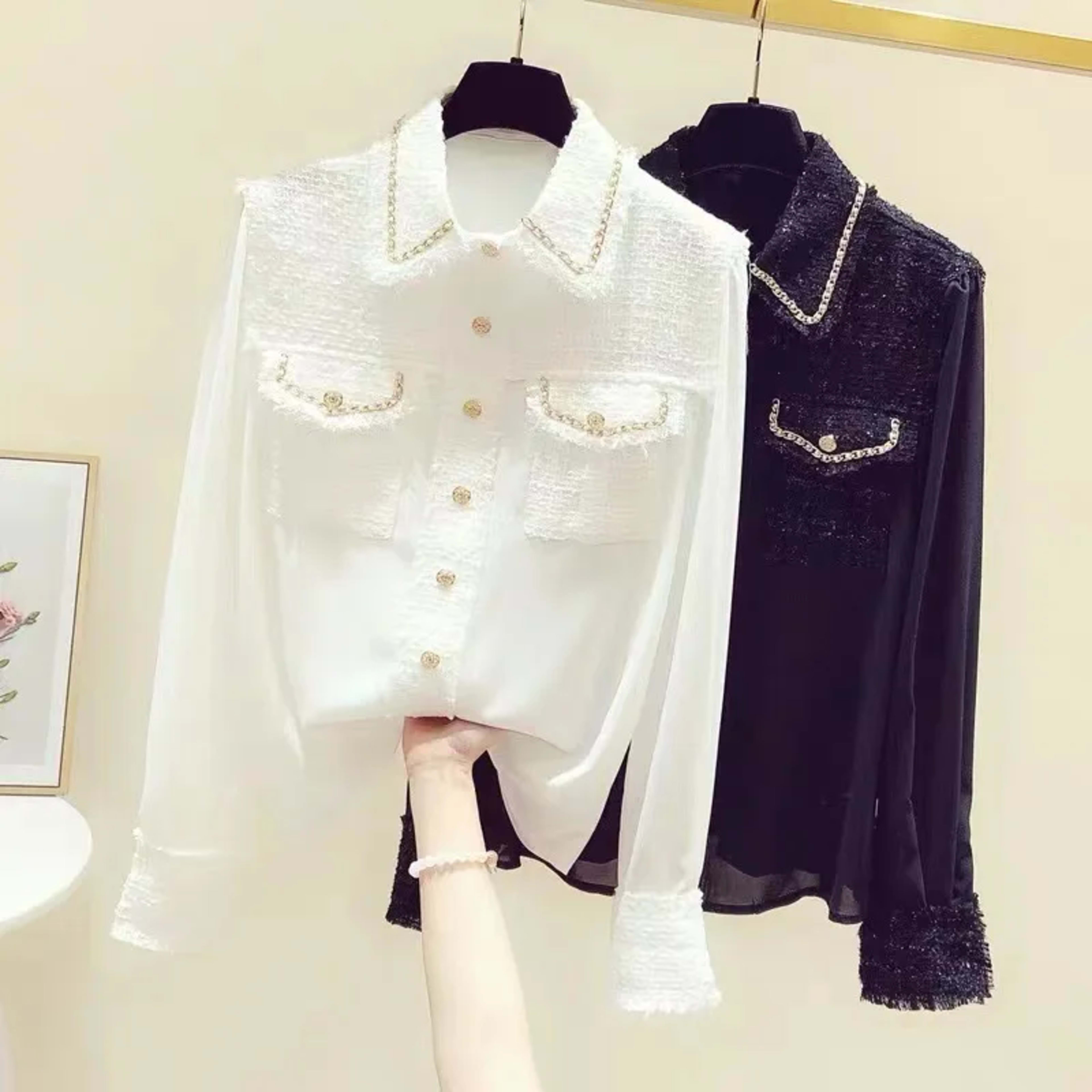 Women's Blouse 2025 Spring Summer New Tweed Patchwork Laple Long Sleeve Shirts Elegant Fashion Slim Tops Office Lady 1