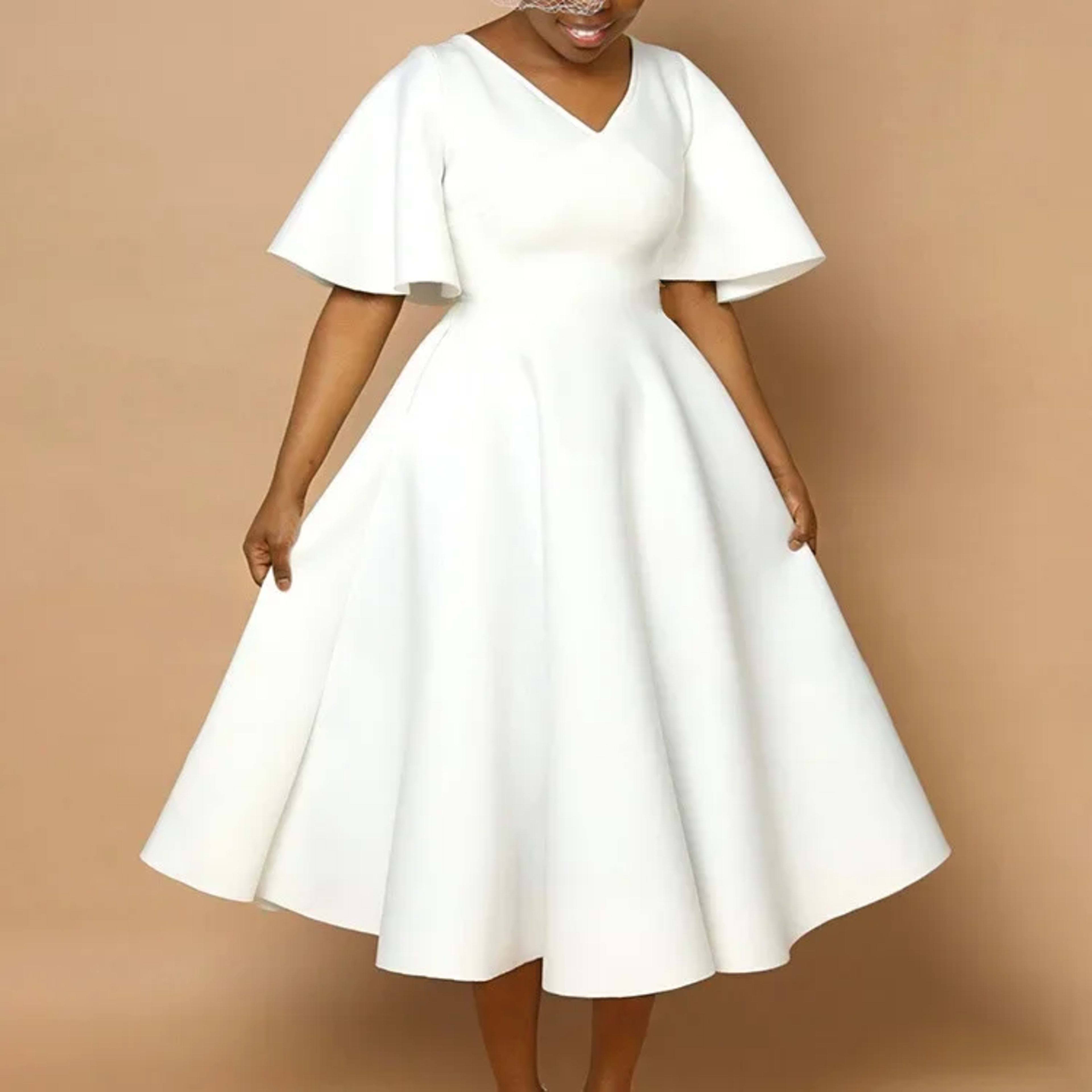 Elegant Dresses for Women V Neck Flare Sleeve High Waisted Pleated A Line Mid Calf Luxury Birthday Party Dinner Vestidos 11