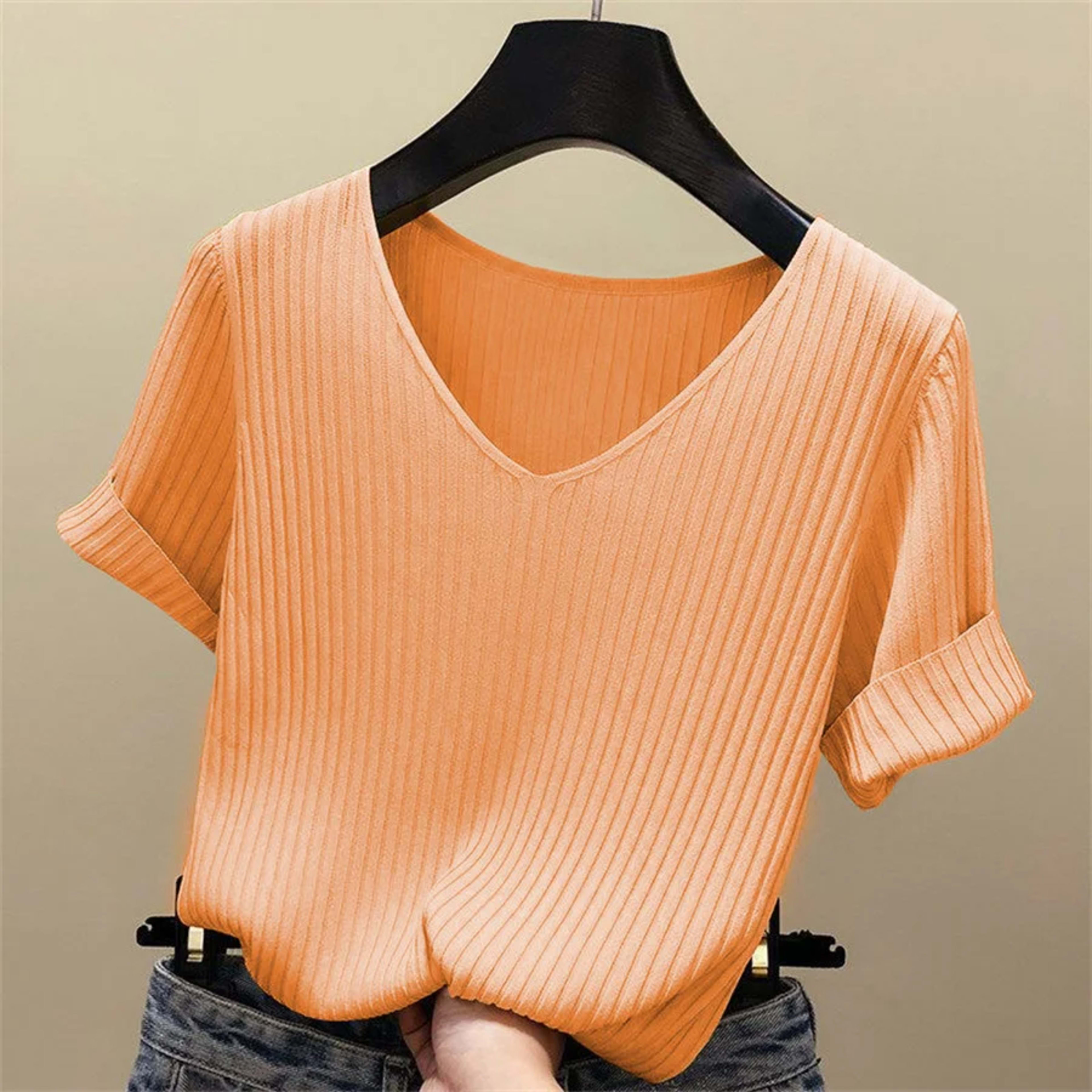 Blouse Women Blusas Mujer De Moda Verano Short Sleeve Blouse V-Neck Knitted Blouse Shirt Tops Women Blusas DF4907 5