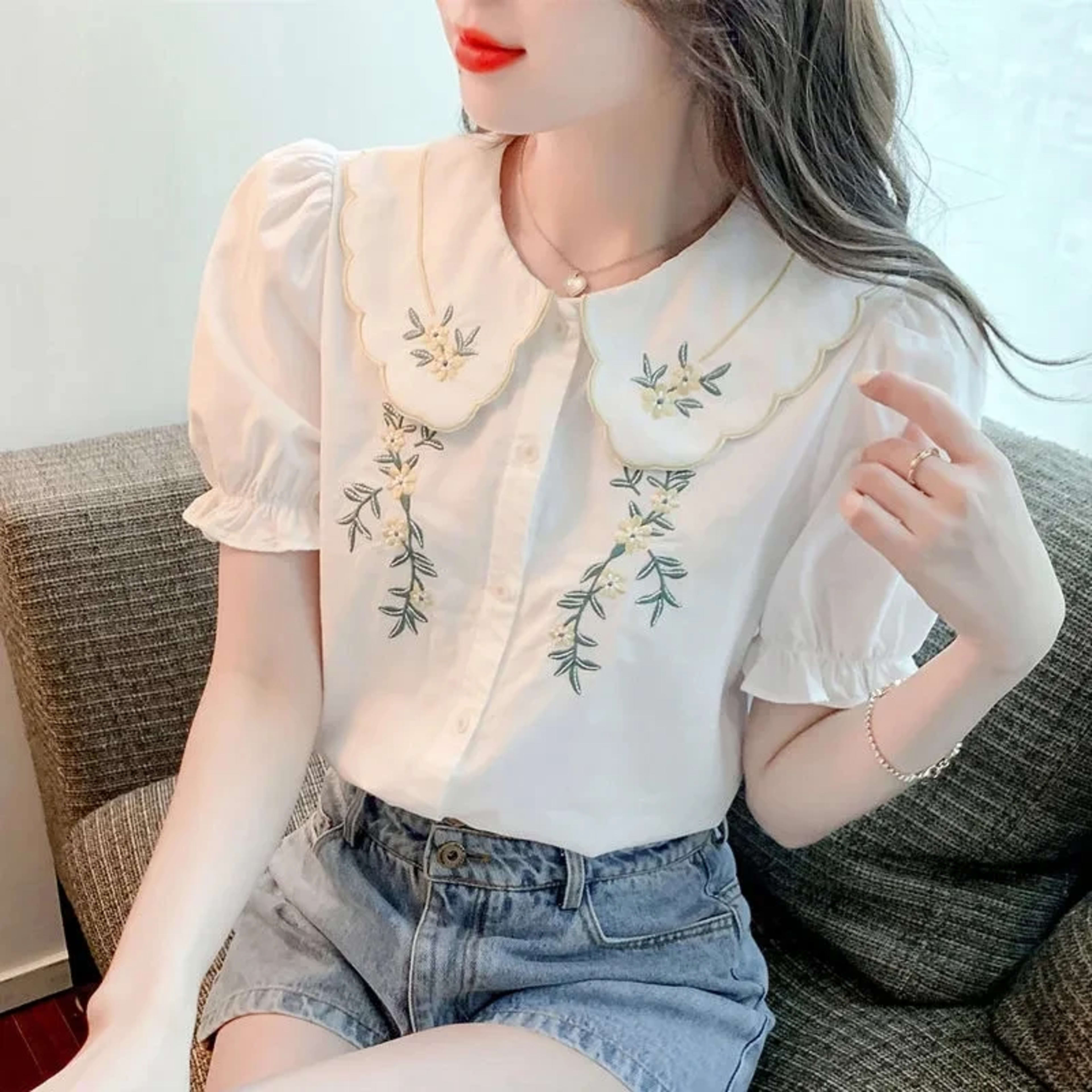 Women's Blouse 2025 Spring Summer Embroidery Short Sleeve Ladies Shirt Comfortable Solid Color Versatile Temperament Lad 1