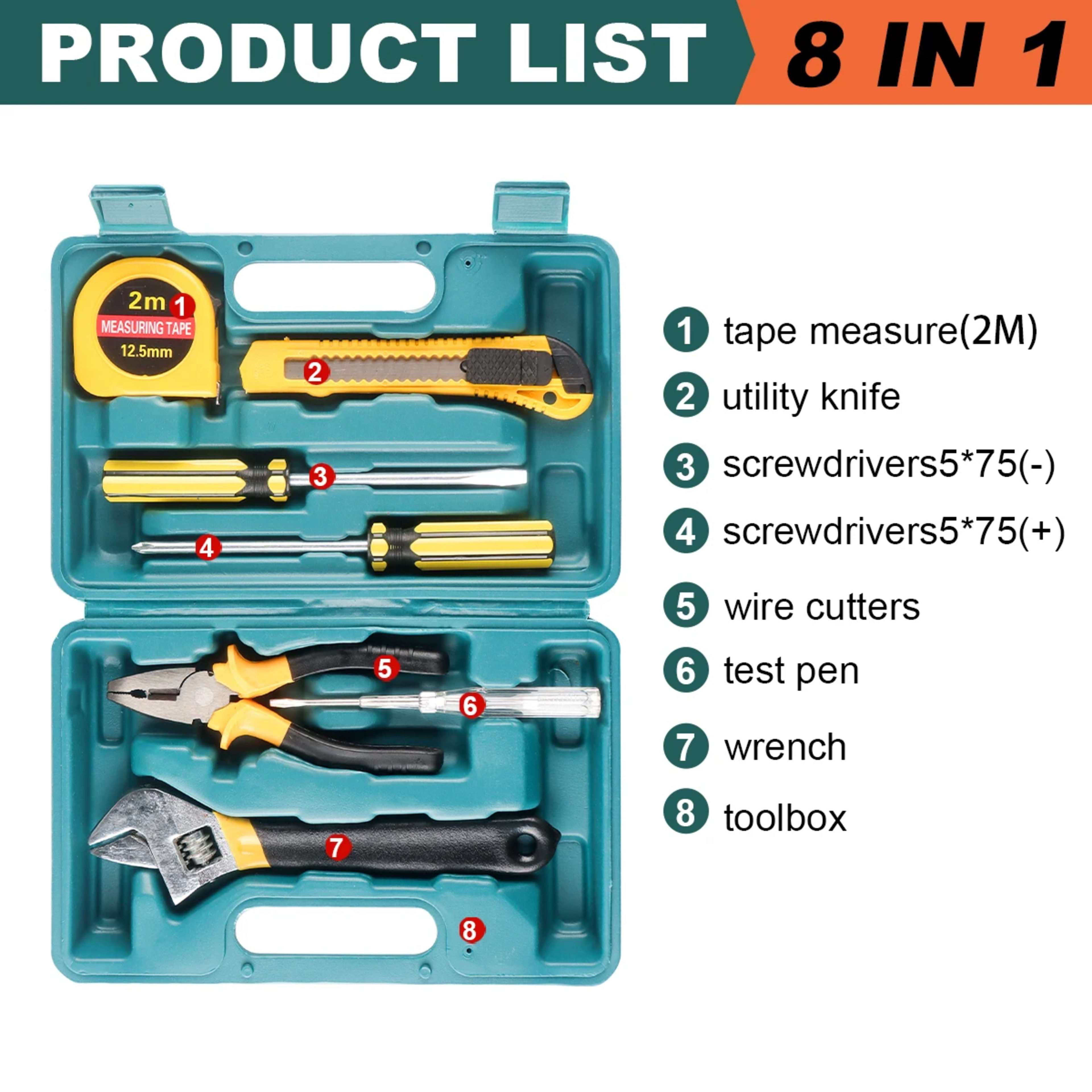 Household hand Tools Set General House hold Hand Tool Kit with Plastic Toolbox Storage Case Used to Car repair And home  8