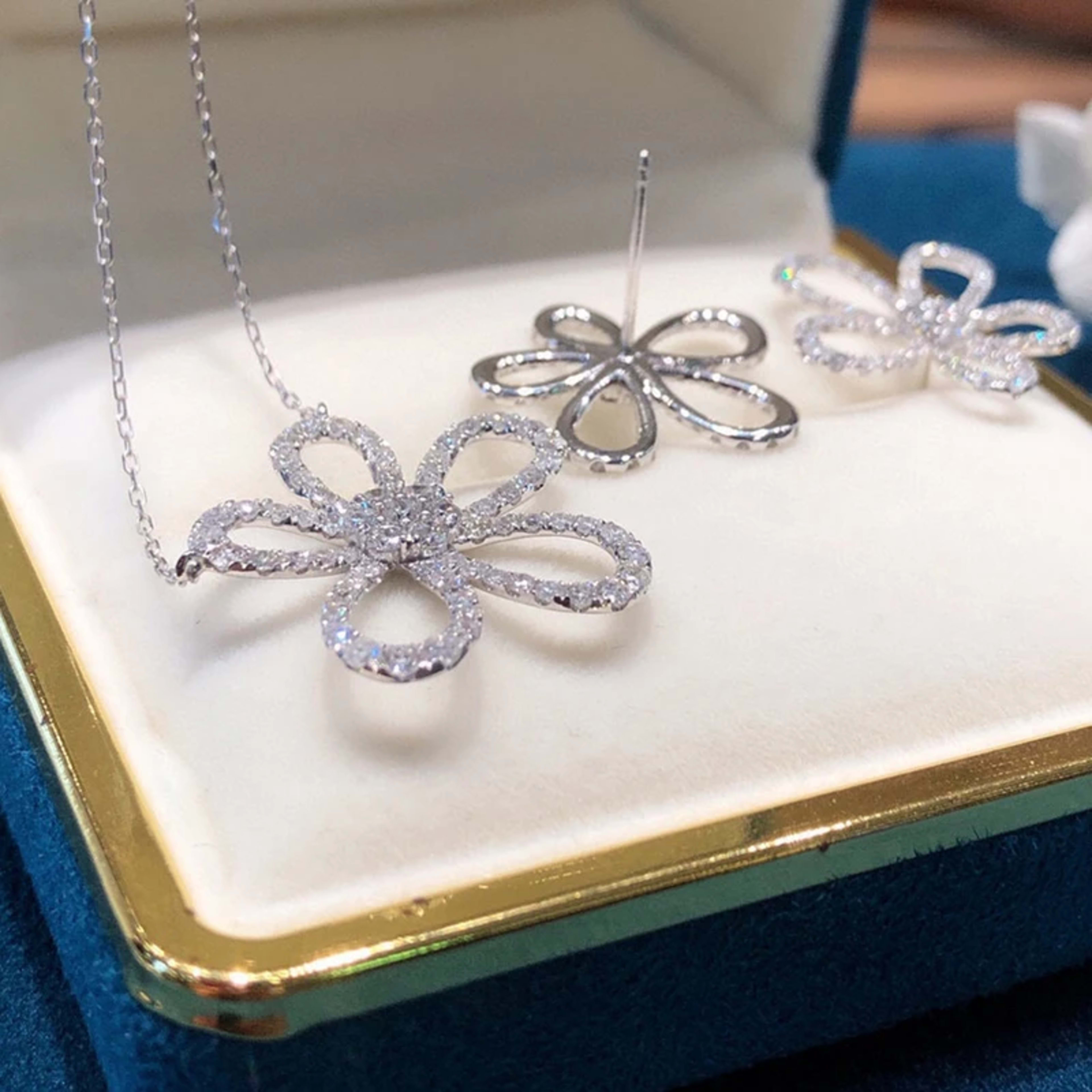 Luxury Jewelry Set for Women Flower Zircon Ring Earring Necklace Set Wedding Bride Jewelry Set  Women Zircon Necklace 3