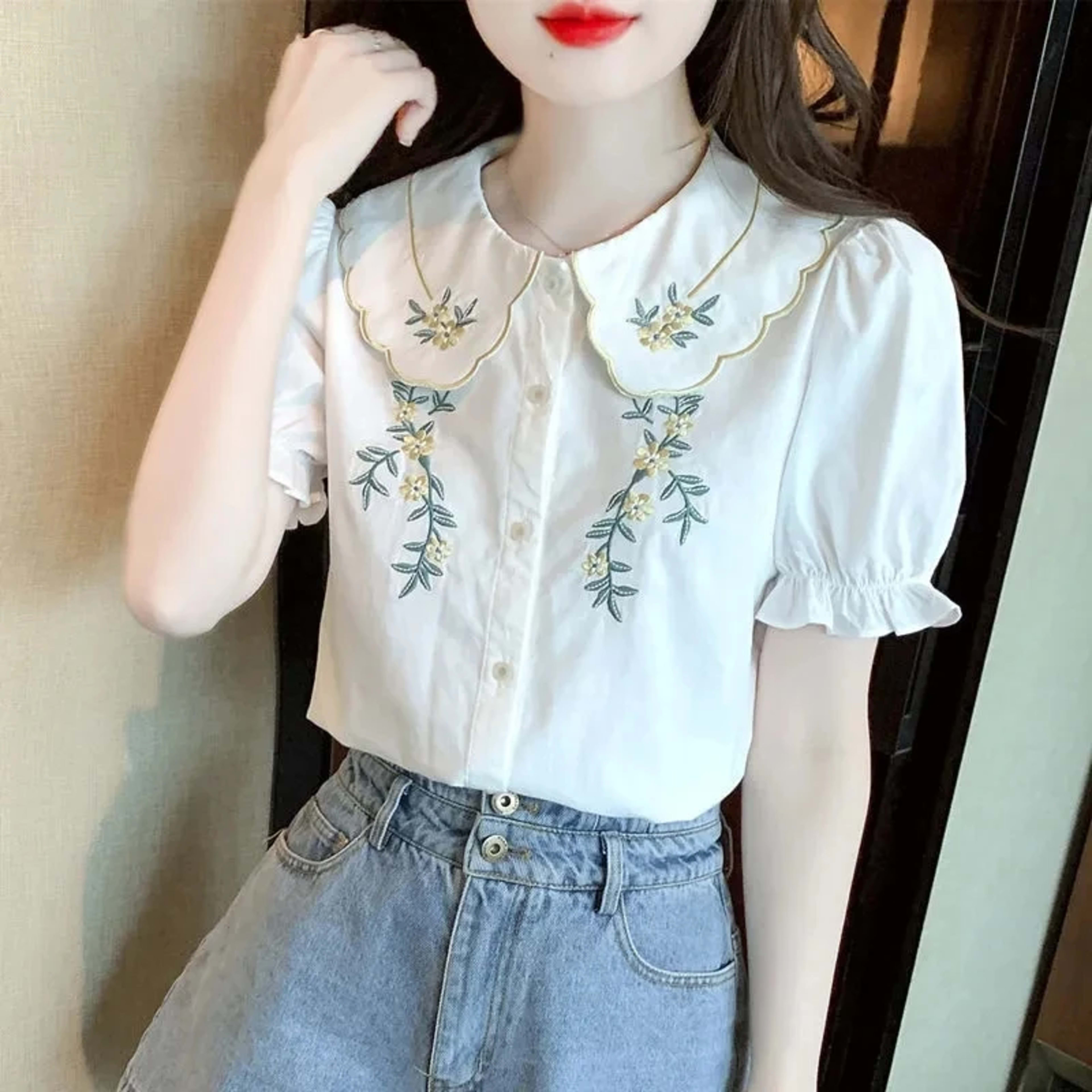 Women's Blouse 2025 Spring Summer Embroidery Short Sleeve Ladies Shirt Comfortable Solid Color Versatile Temperament Lad 4