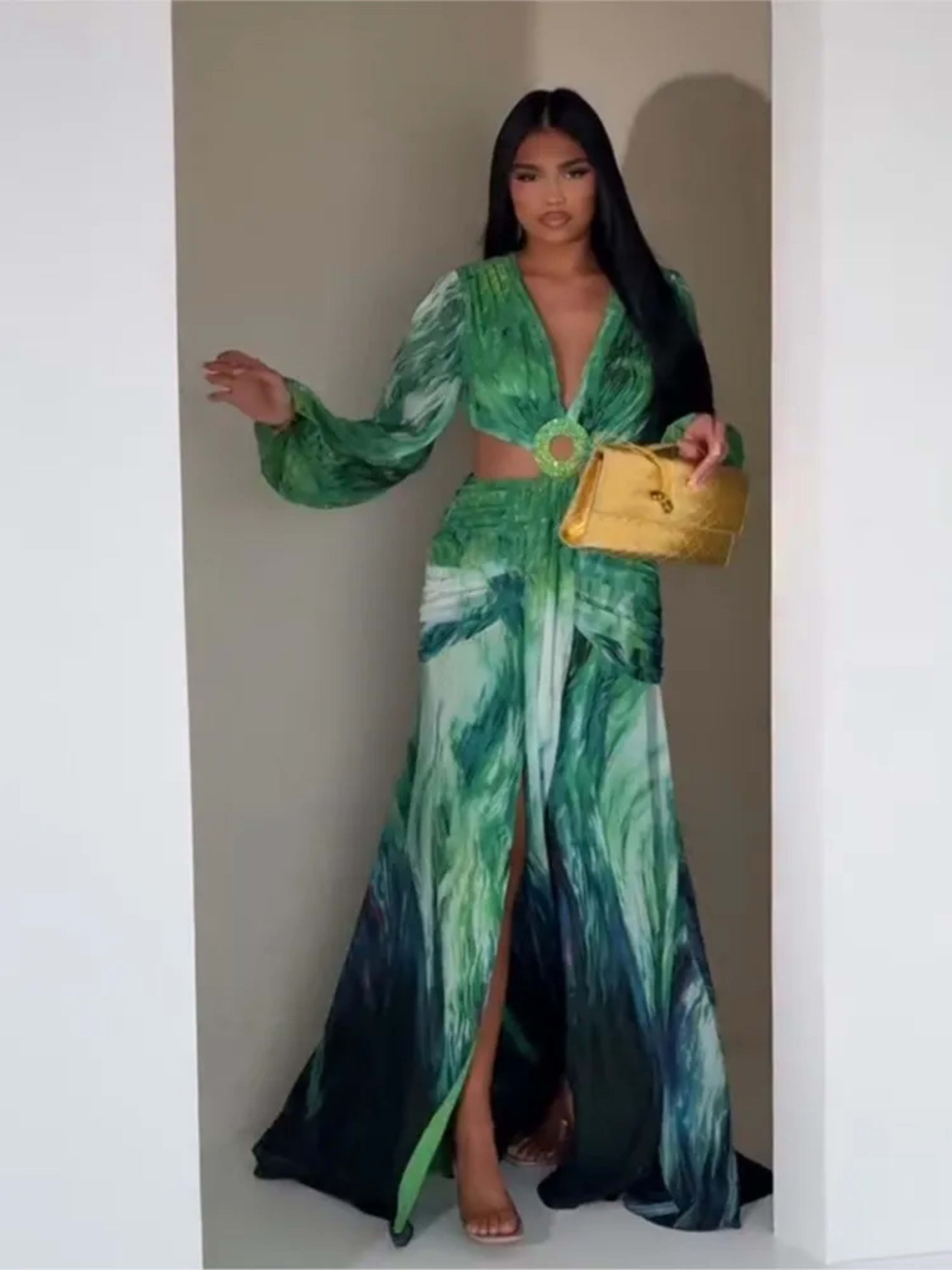 Women's Dress 2025 Fashion Summer New Vestidos Para Mujer Women's Vacation Elegant Style Long Sleeve Split Printed Slit  1