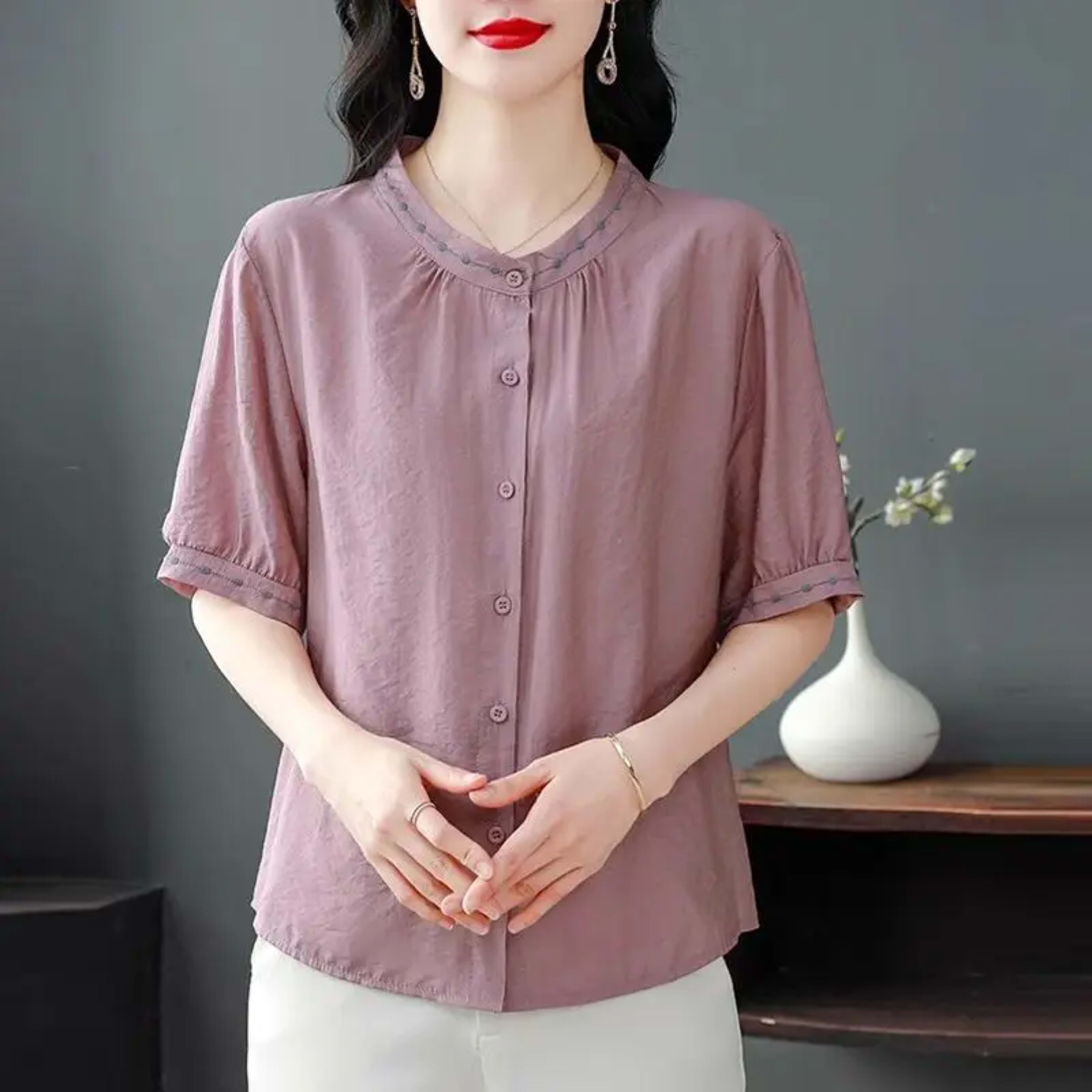 Embroidered Blouse Women Short Sleeve Summer Loose Slimming Top 4
