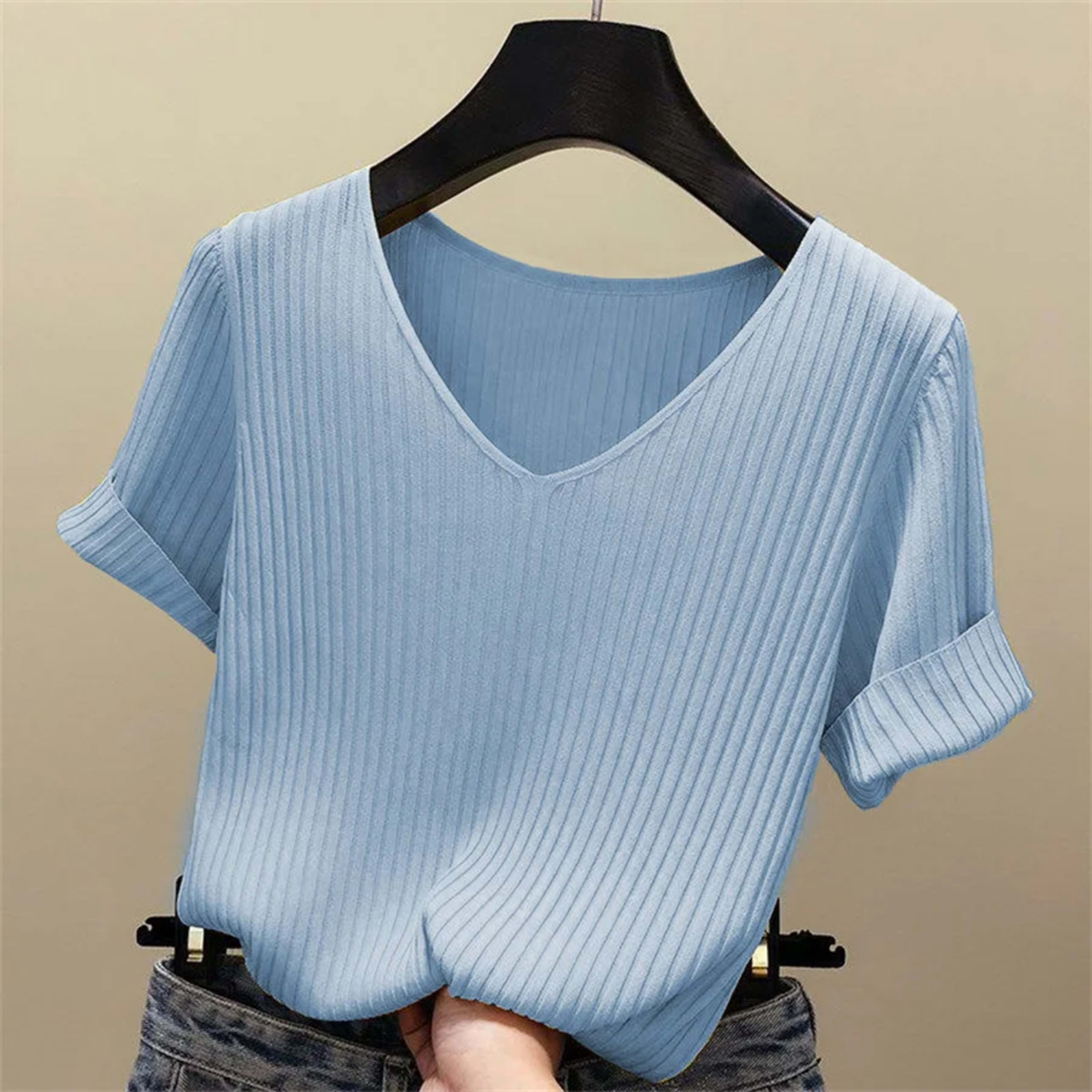 Blouse Women Blusas Mujer De Moda Verano Short Sleeve Blouse V-Neck Knitted Blouse Shirt Tops Women Blusas DF4907 12