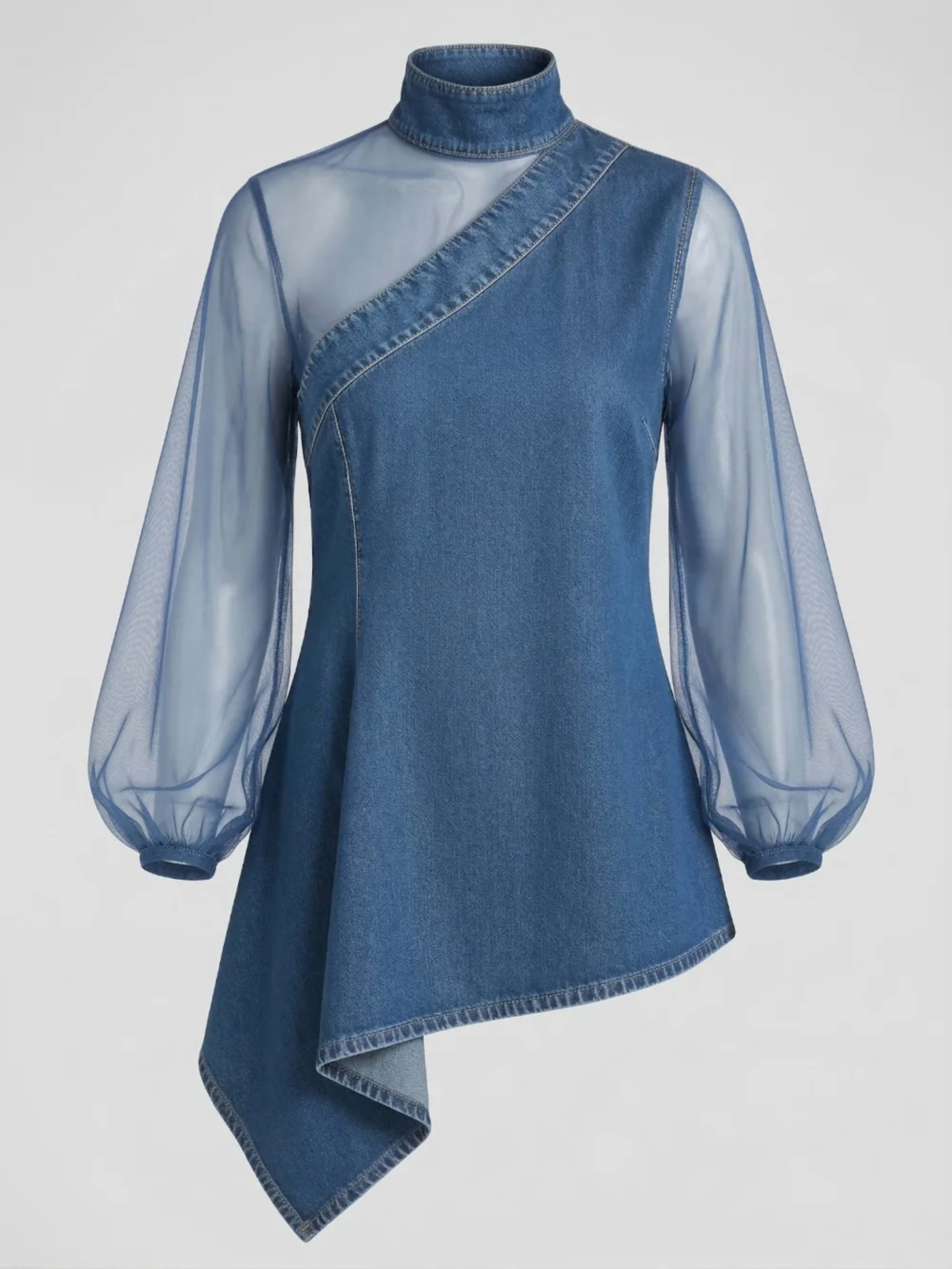 Women's Blouse Top Asymmetrical Denim Tunic with Sheer Mesh Long Sleeves High Neck Irregular Hem Fashion Blouse 4