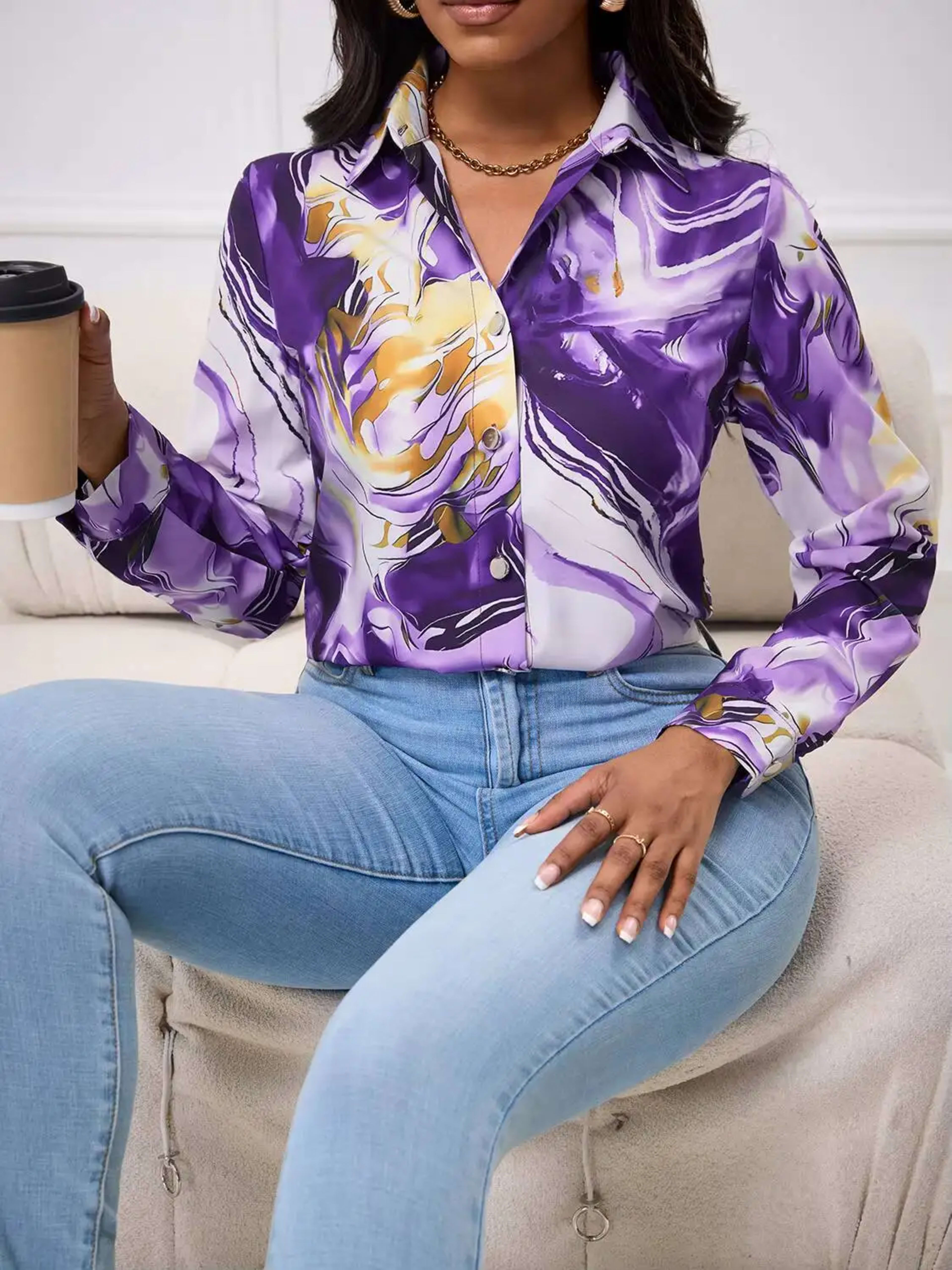 Women's Blouse Spring Summer Purple Gold Marble Print Collar Front Button Long Sleeve Satin Luxury Elegant Daily Office  3