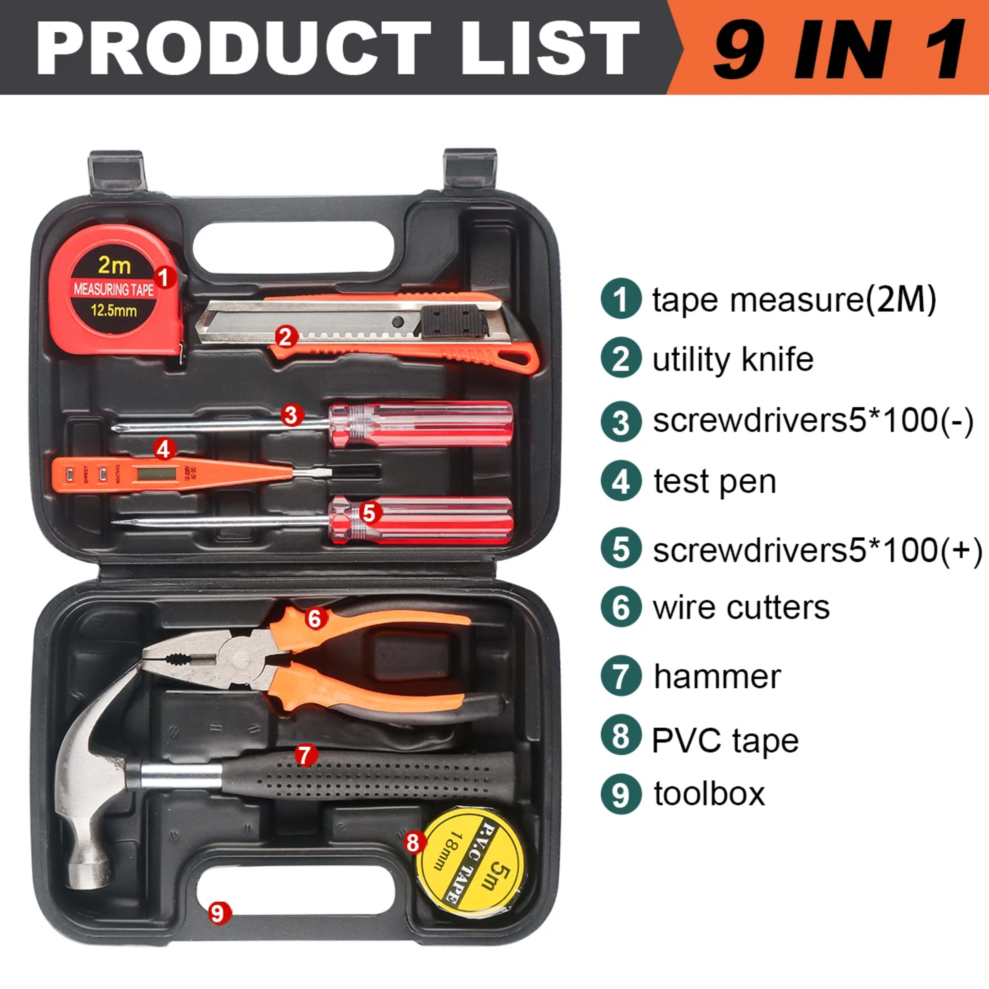 Household hand Tools Set General House hold Hand Tool Kit with Plastic Toolbox Storage Case Used to Car repair And home