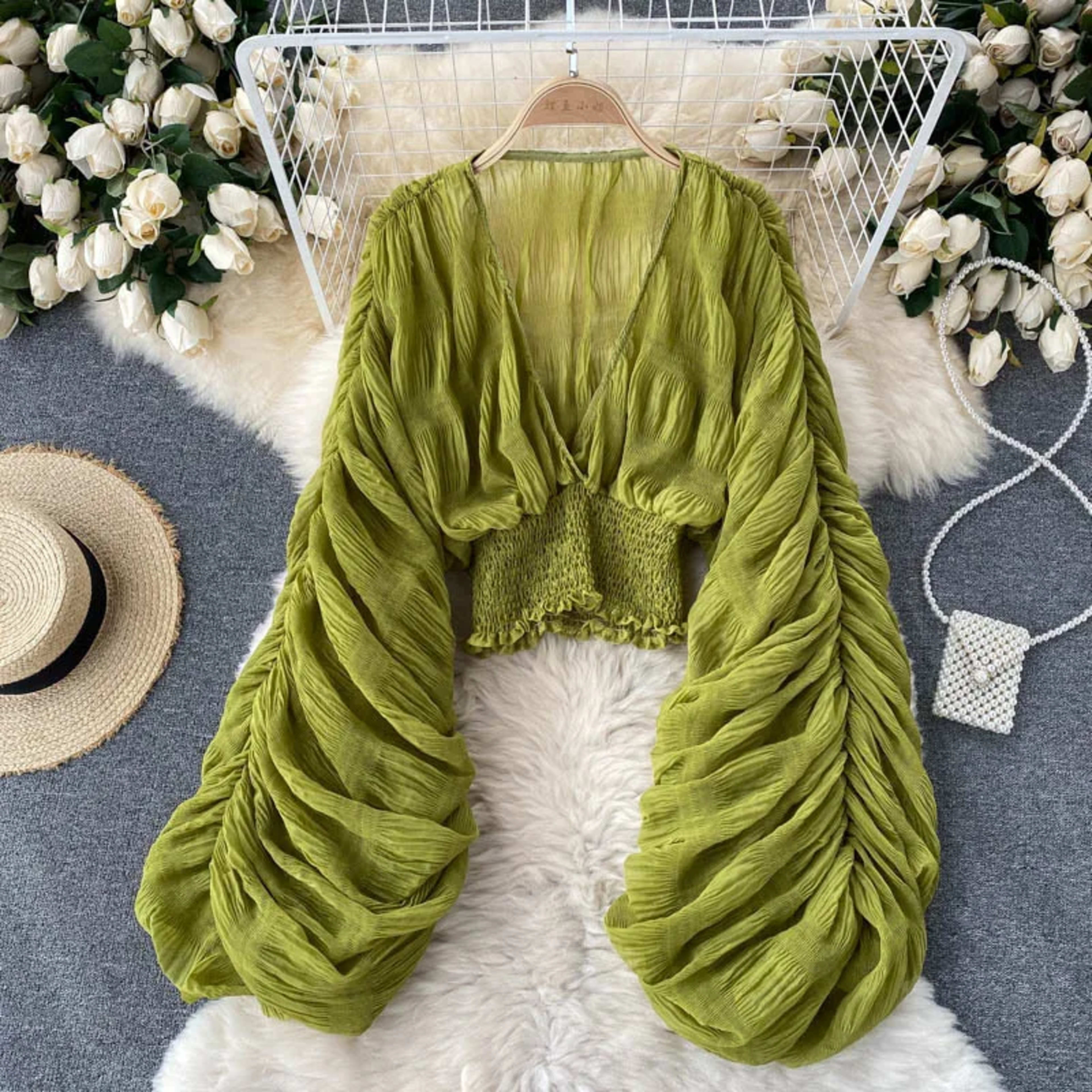 Blouse Women Sexy V Neck Ruffles Top Lace Up Backless Petal Sleeve Pleating Chiffon Tops Blouses Spring 2026 Office Lady 2
