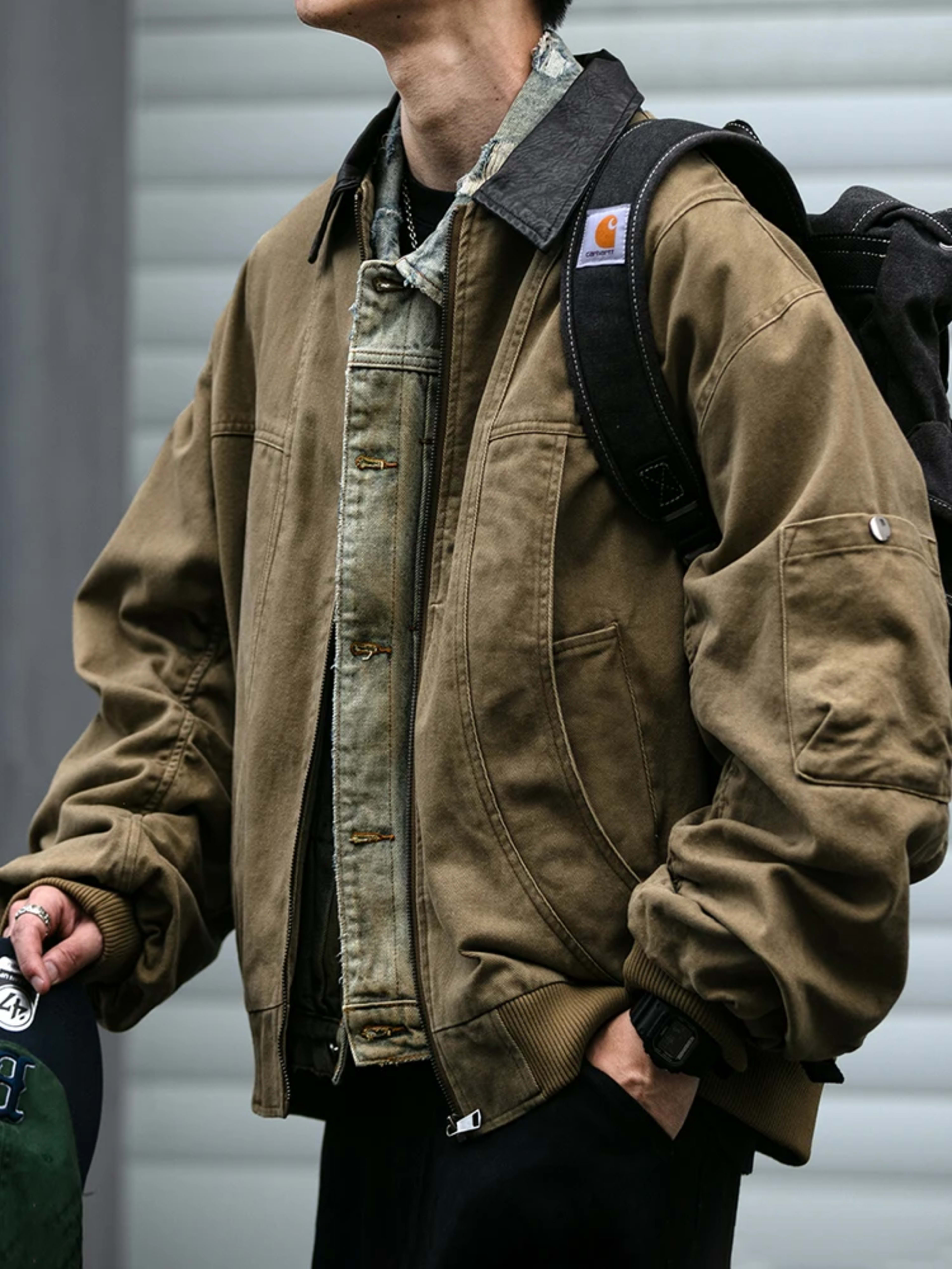Mens Work Jacket Vintage American Japanese Streetwear Oversized Leather Collar High Quality Spring Autumn Casual Coat To 3