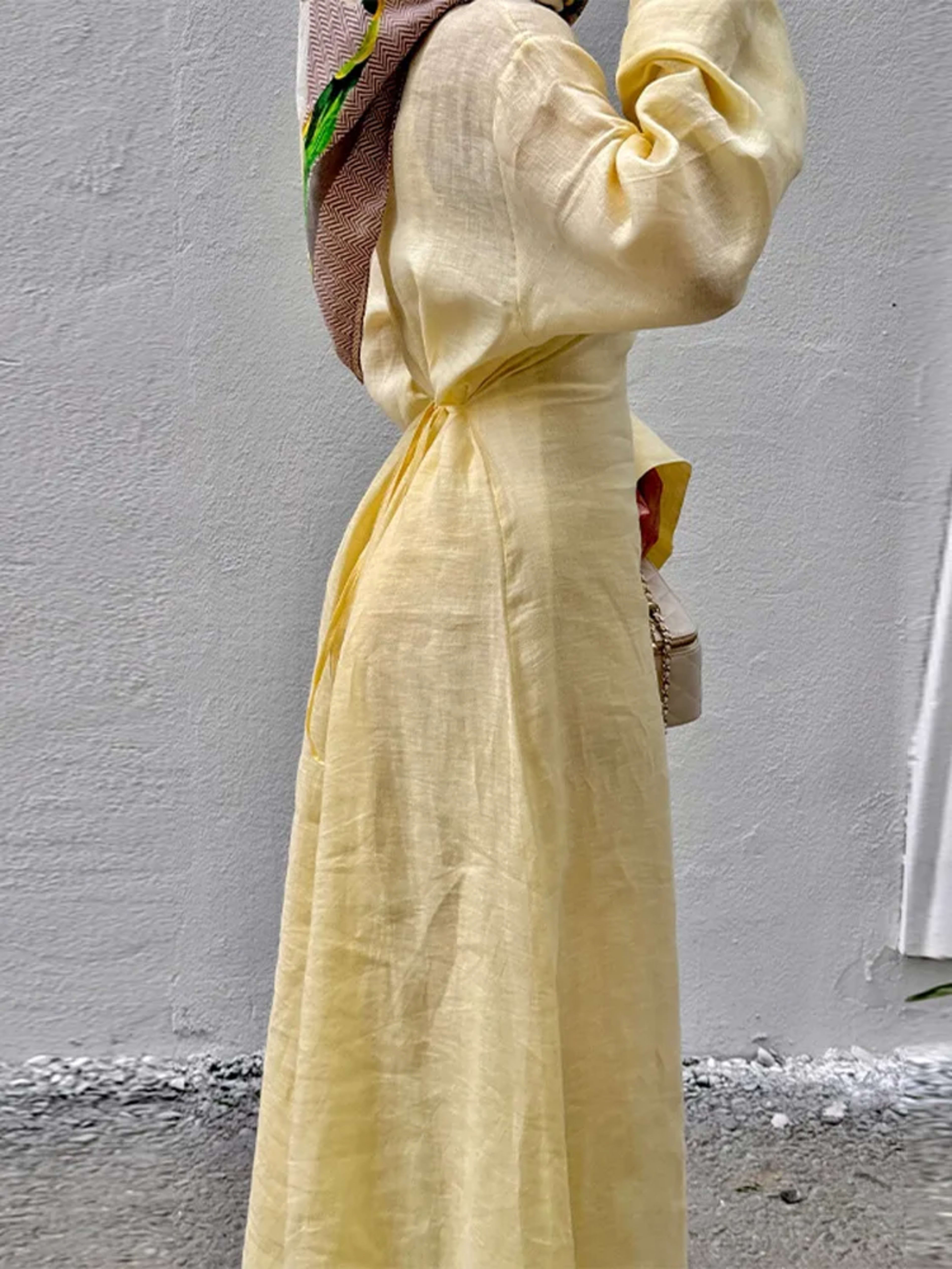 Women' Dresses Elegant O-Neck Cotton Lined Back Lace Up  Flare Sleeve Waist Cinching Long Robes Female Summer Lady Dress 4