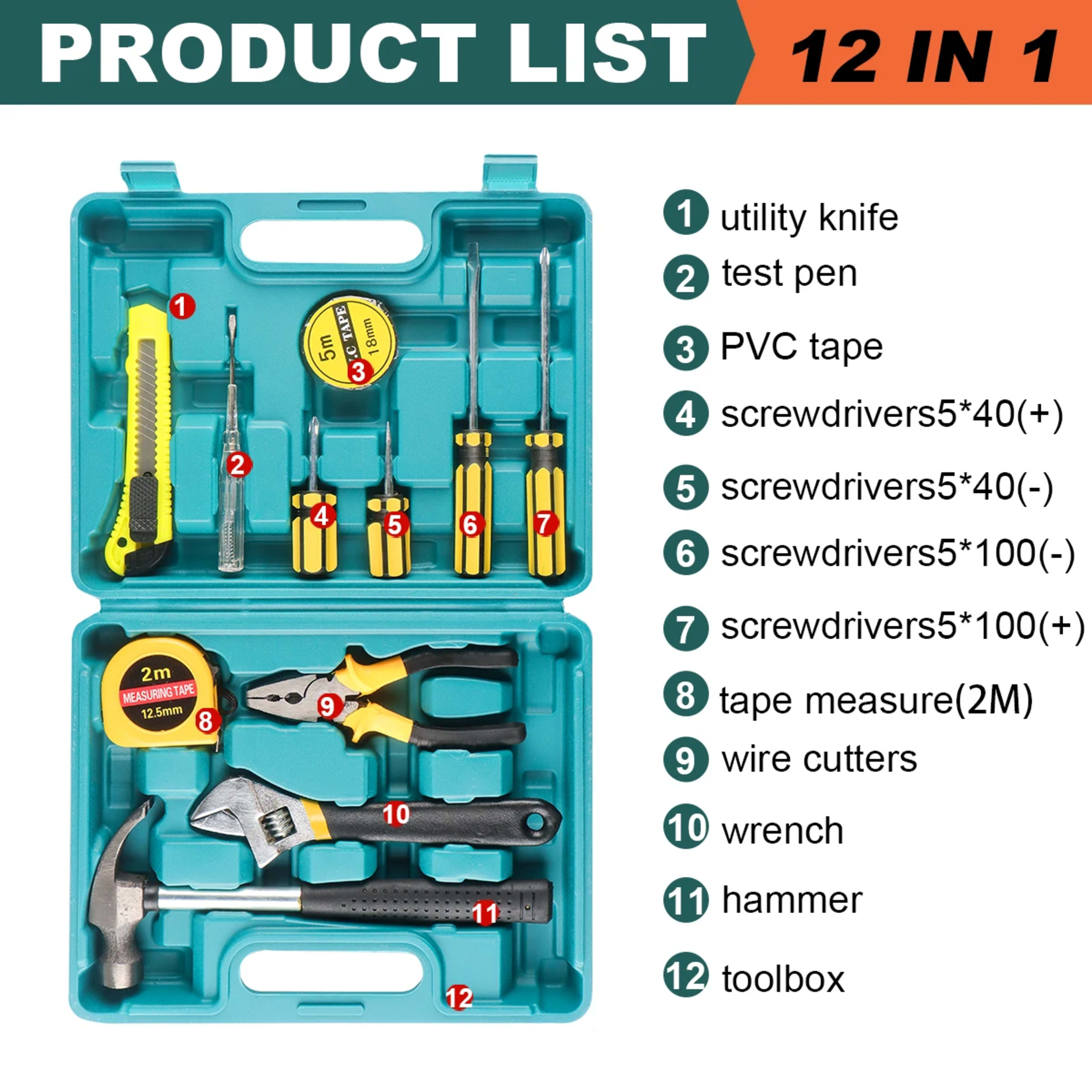 8/9/12/13Piece Tools Set General House hold Hand Tool Kit with Plastic Toolbox Storage Case Used to Car repair And home  8