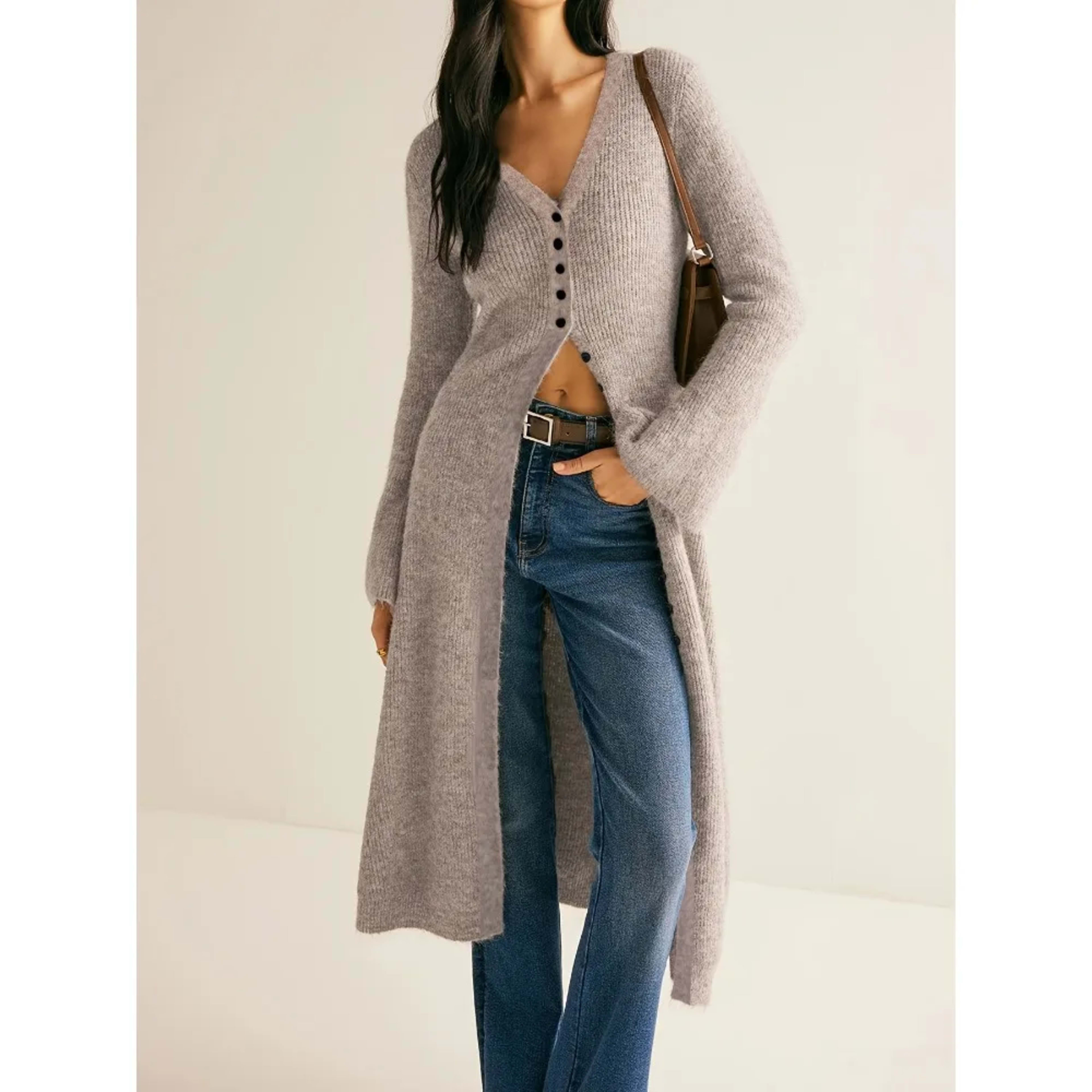 Women's Dress: High-end French V-neck Slimming Knitted Cardigan, Mid-length Solid-color Knitted Long Dress for Women Win 3