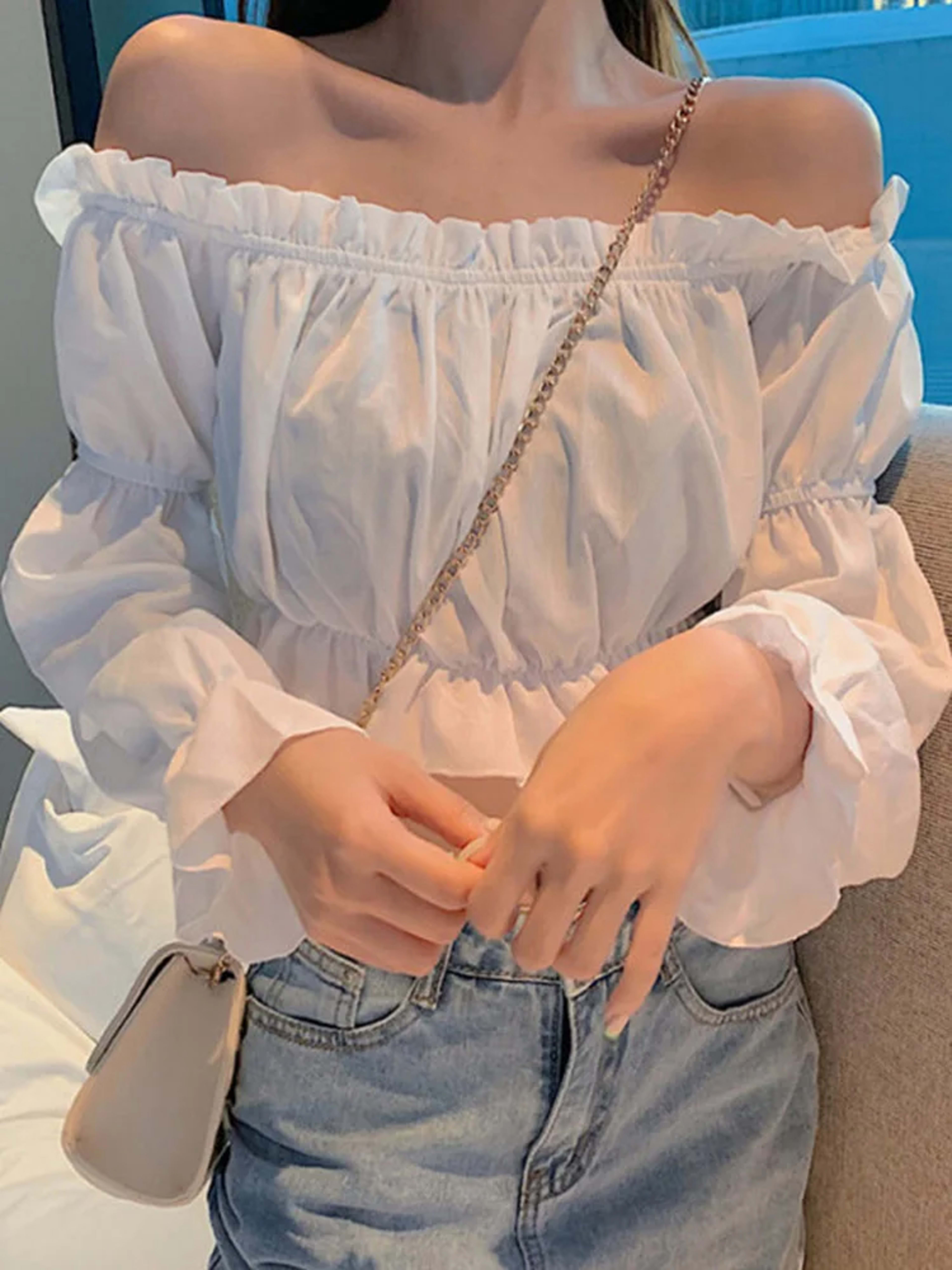 Women Top Sexy Blouse Off Shoulder Top Long Sleeve Solid Color White Shirt Puff Sleeve Ruffle Tunic Crop Top Summer Tube 2
