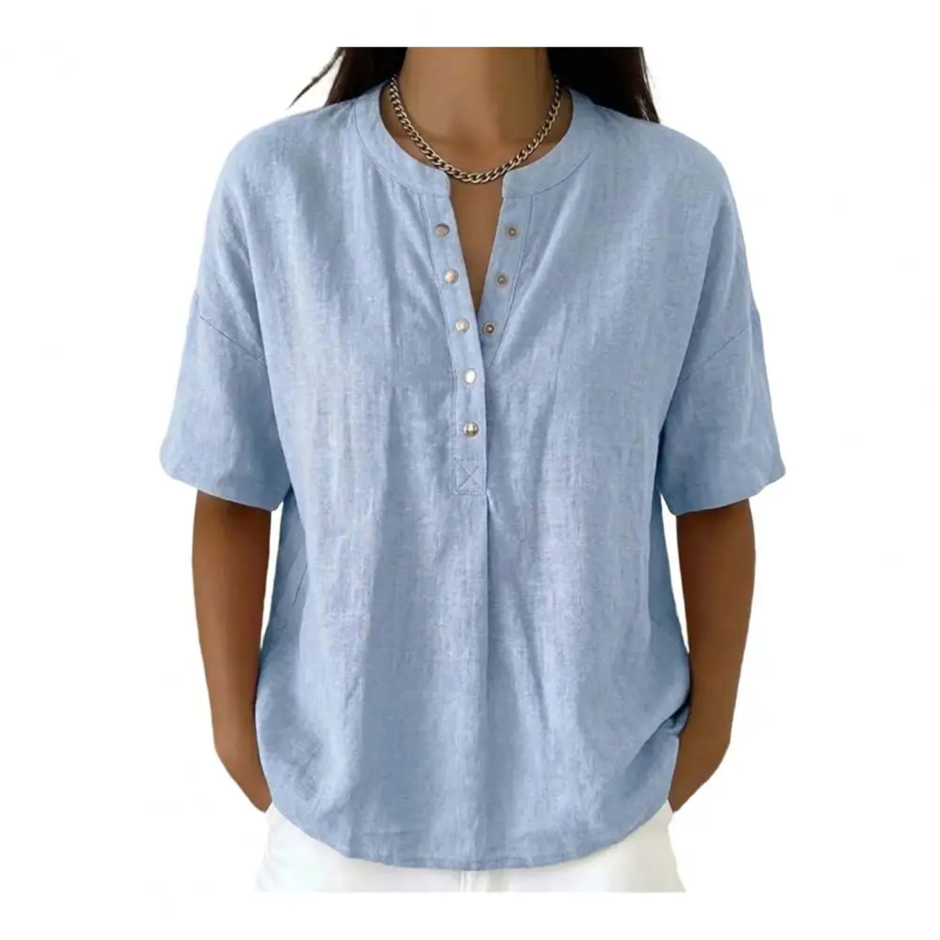 Women Tops Soft Comfortable Women Blouse Women’s V Neck Button Closure Top Short Sleeve Pullover Blouse Loose Fit Commut