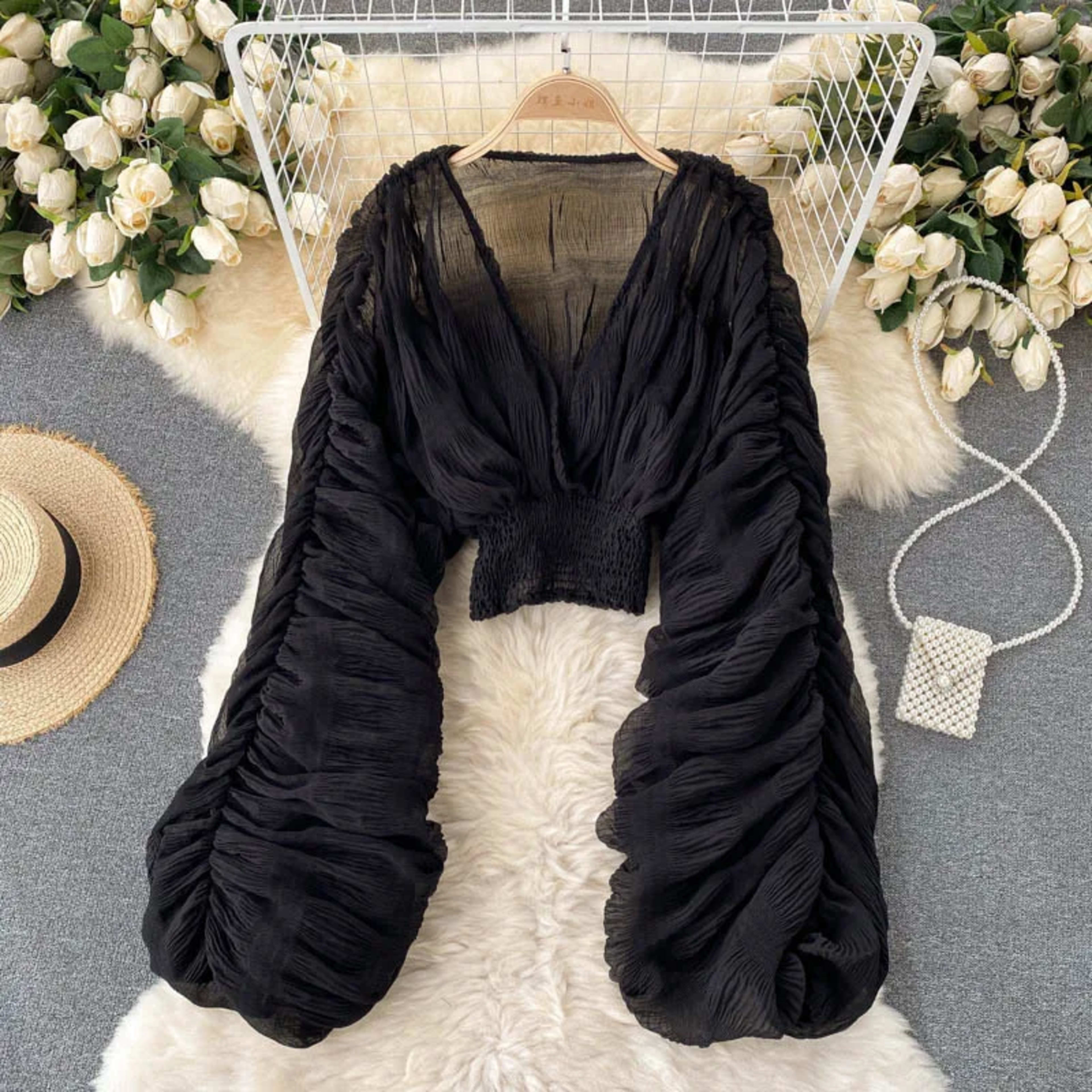 Blouse Women Sexy V Neck Ruffles Top Lace Up Backless Petal Sleeve Pleating Chiffon Tops Blouses Spring 2026 Office Lady 5