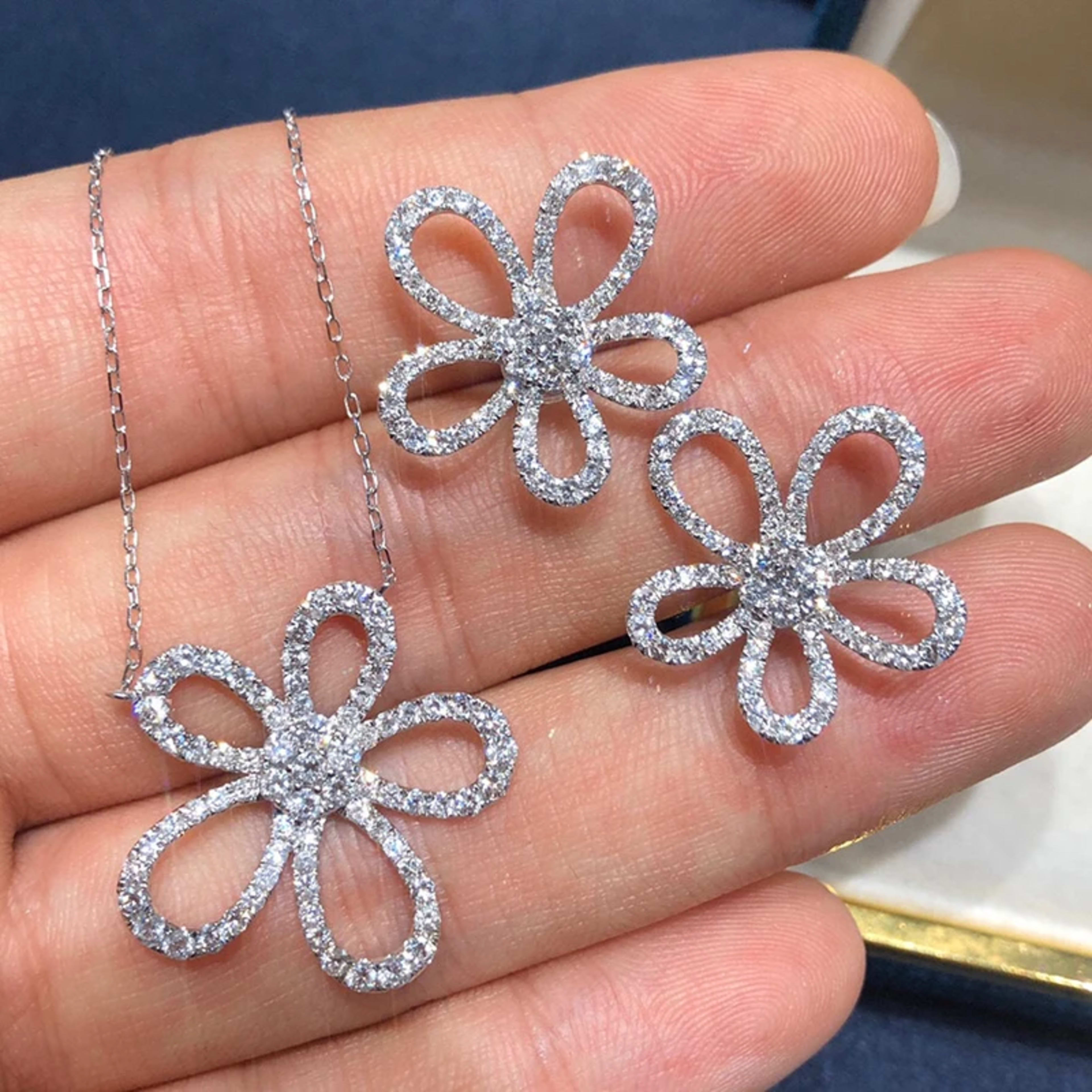 Luxury Jewelry Set for Women Flower Zircon Ring Earring Necklace Set Wedding Bride Jewelry Set  Women Zircon Necklace 1