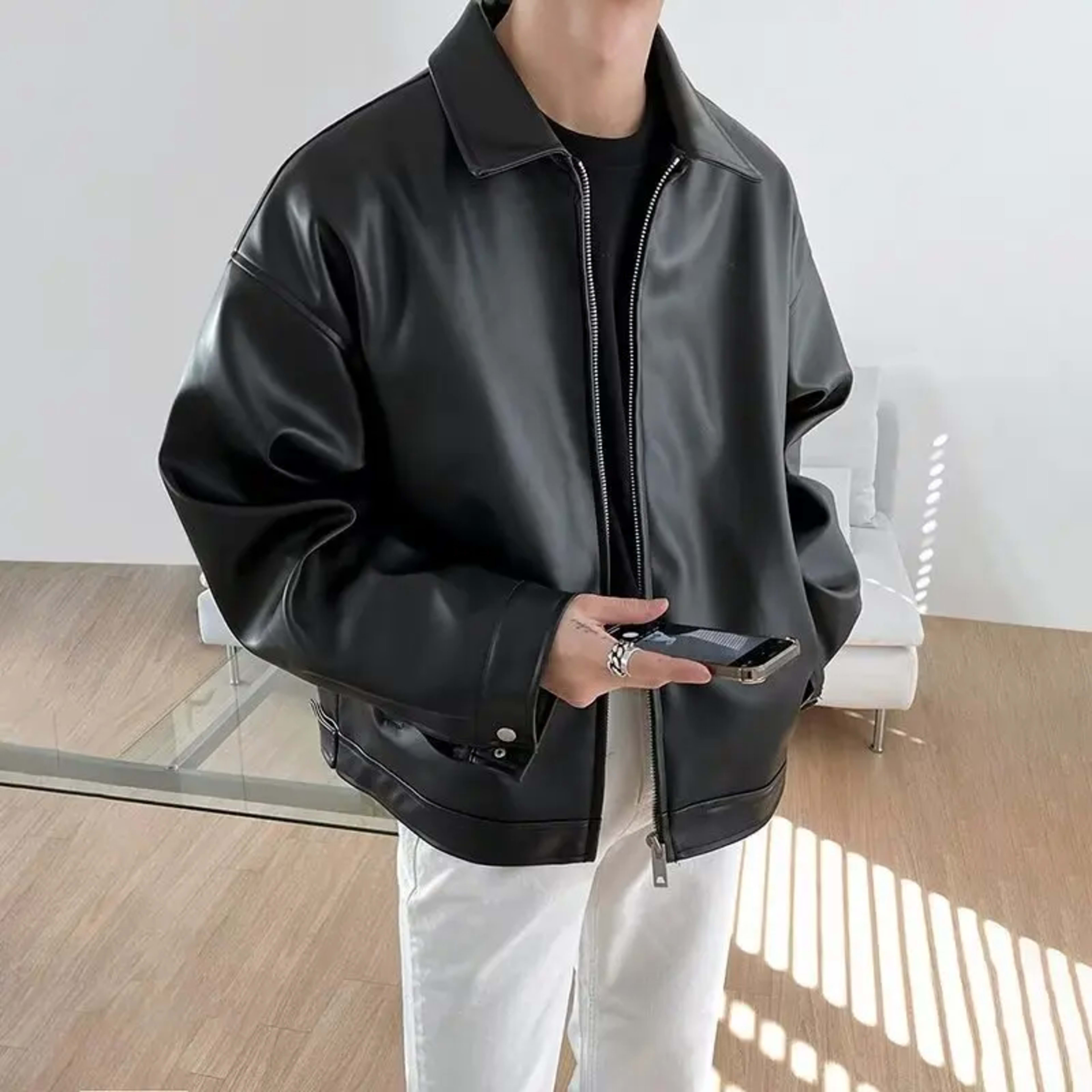 Men's Leather Jacket Men's Biker Jacket Motorcycle Fashionable Waterproof Jacket Waterproof for Rain Motorcyclist Retro