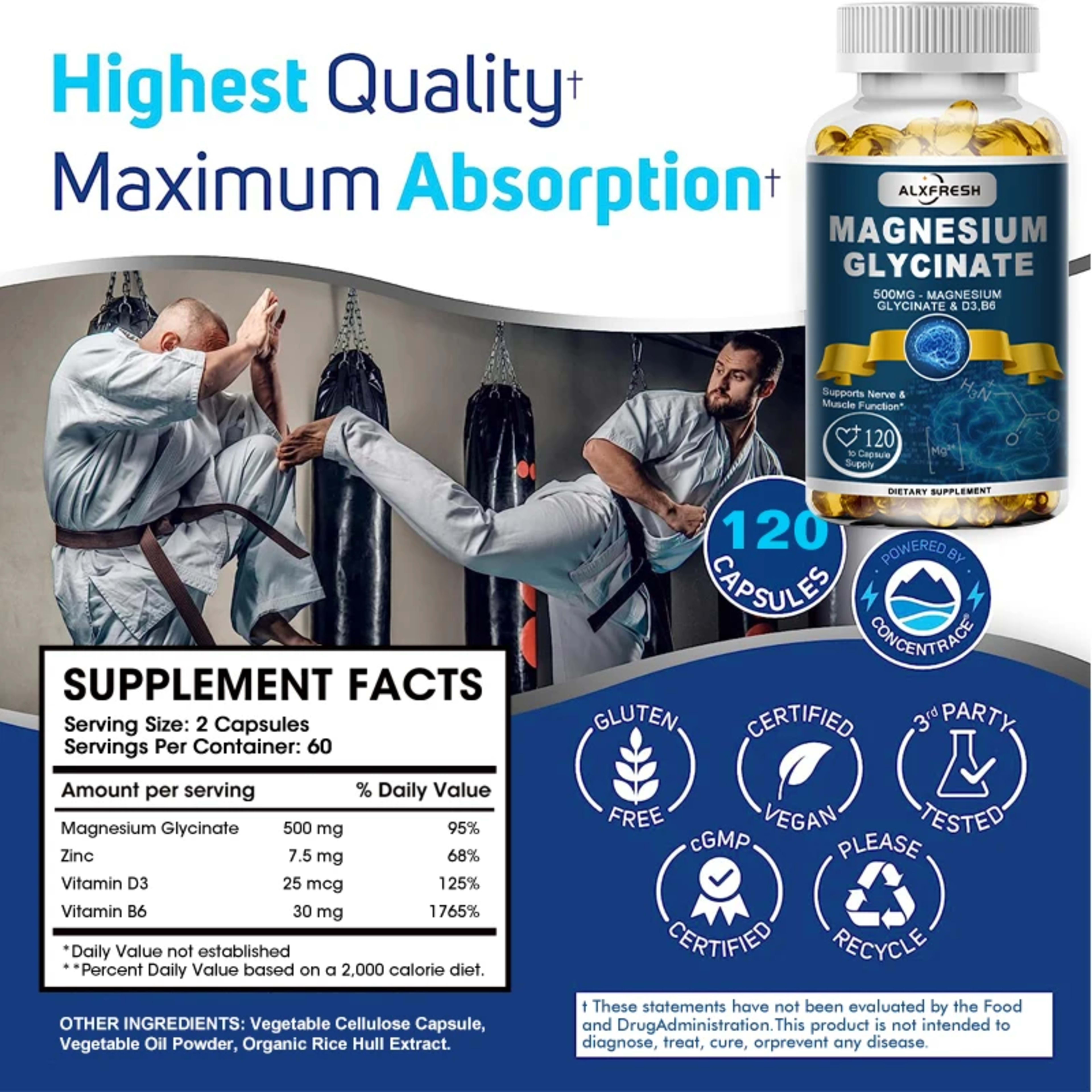 Magnesium Glycinate Supplement Zinc,Vitamin D3 B6, Support Muscle & Nervous, Immune System Tiredness Health 5