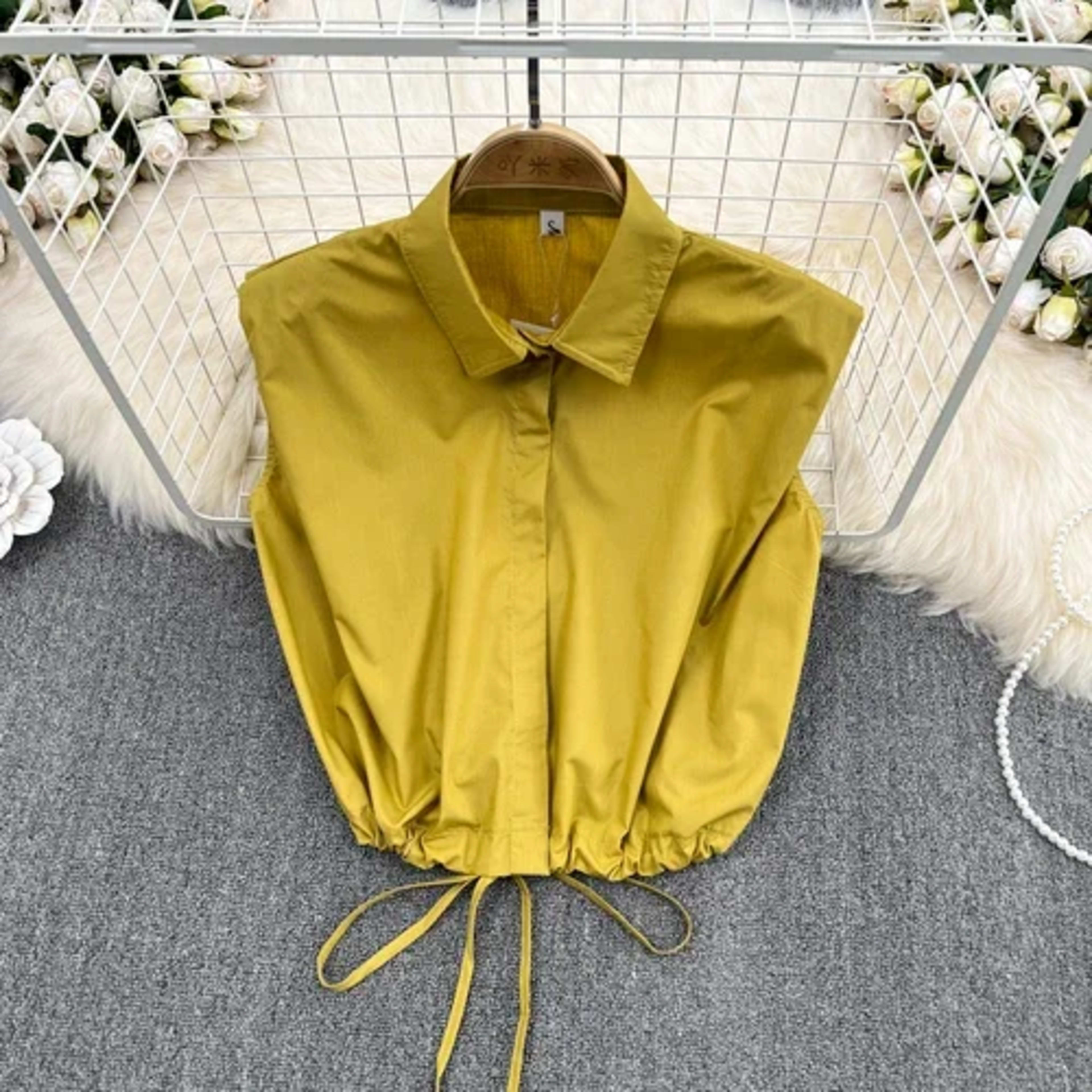 Women Blouse Tops Turn-down Collar Solid Color Sleeveless Draw String Blusas Femininas Vintage Summer Camisas Almighty D