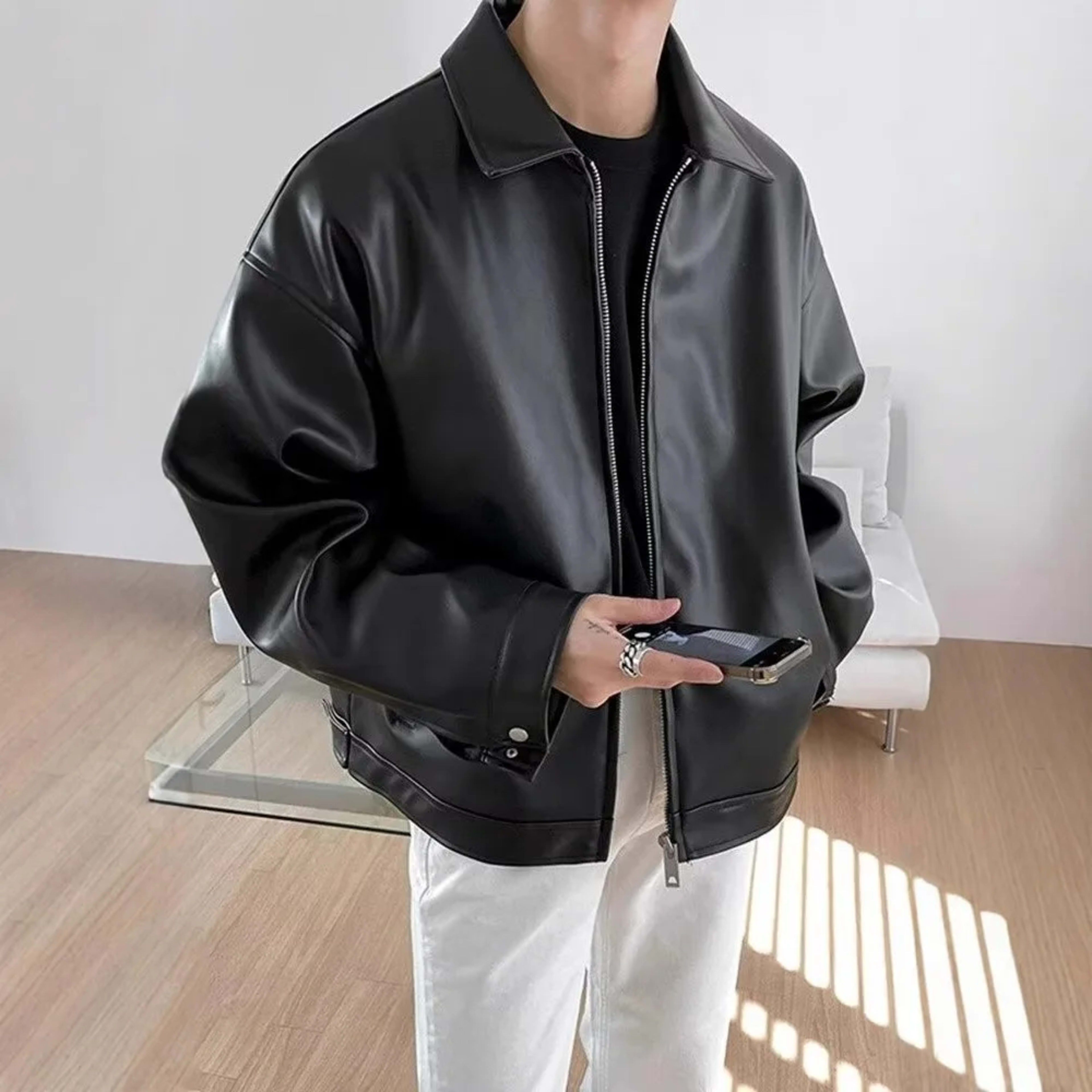 Men's Leather Jacket Men's Biker Jacket Motorcycle Fashionable Waterproof Jacket Waterproof for Rain Motorcyclist Retro 1