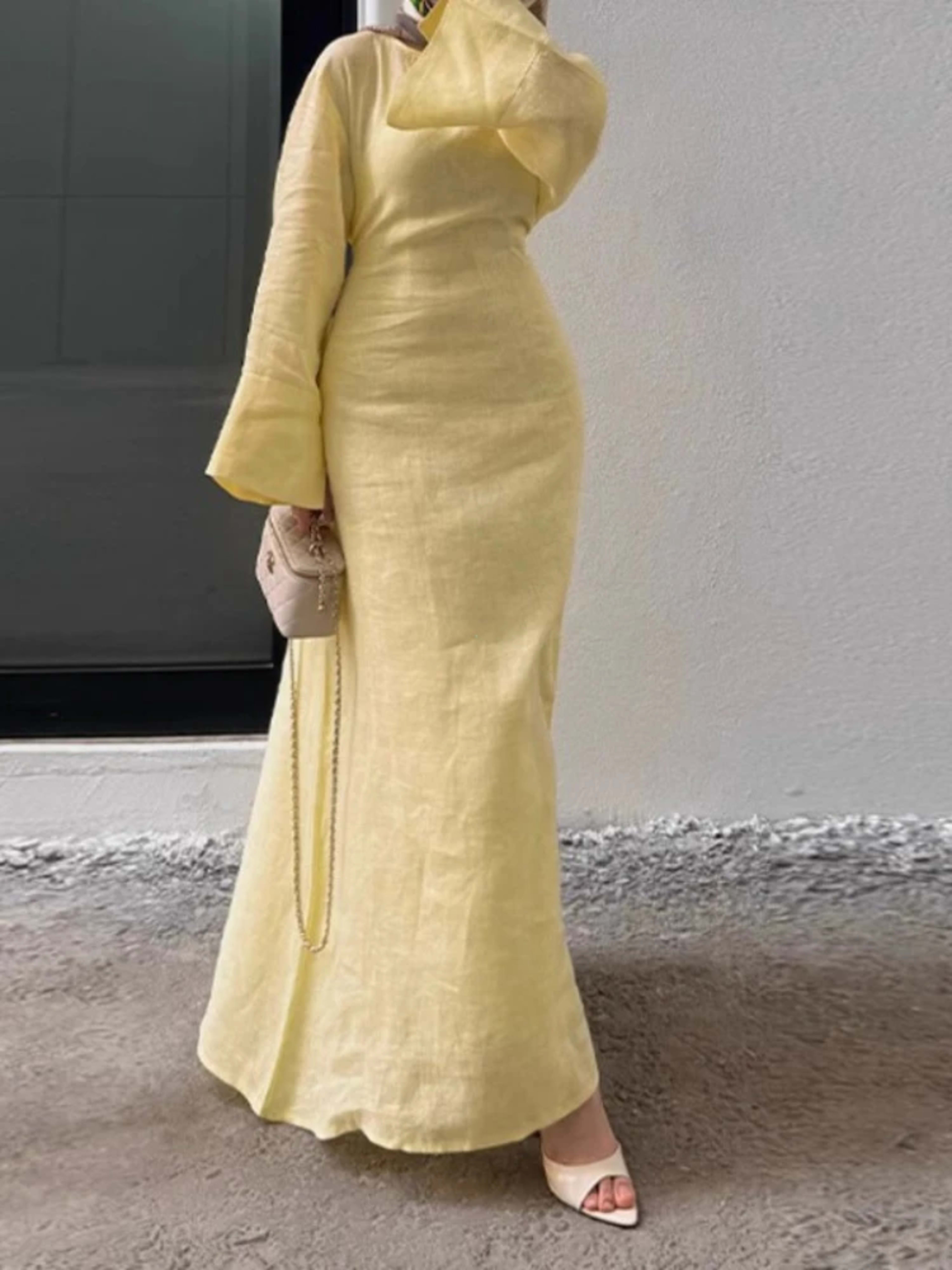 Women' Dresses Elegant O-neck Cotton Lined Back Lace Up  Flare Sleeve Waist Cinching Long Robes Female 2025 Summer Lady  2