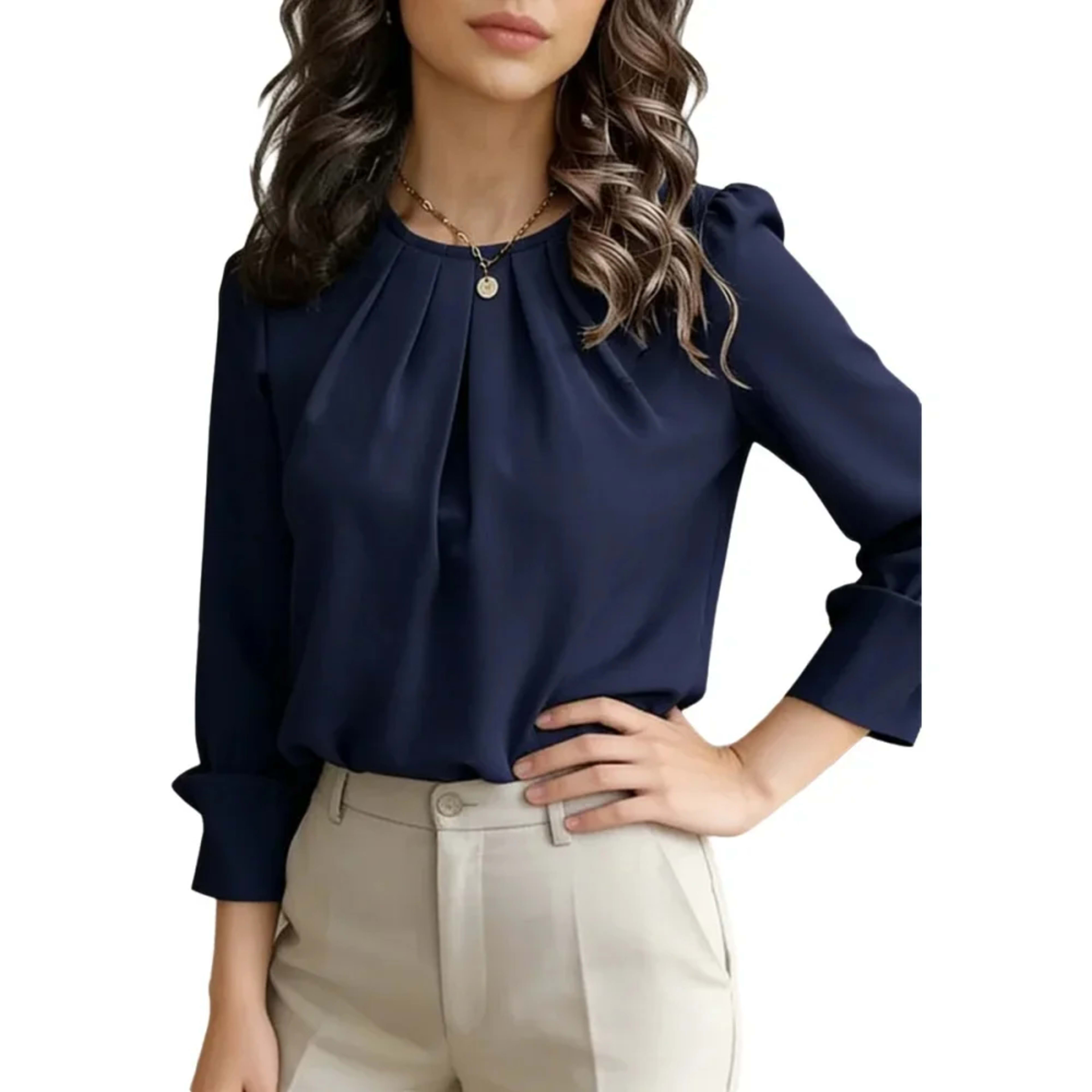 Women's Blouse Round Neck Long Sleeve Tops Solid Pleated Loose Tops Elegant Blouse Spring Summer Casual Blouse Office Li
