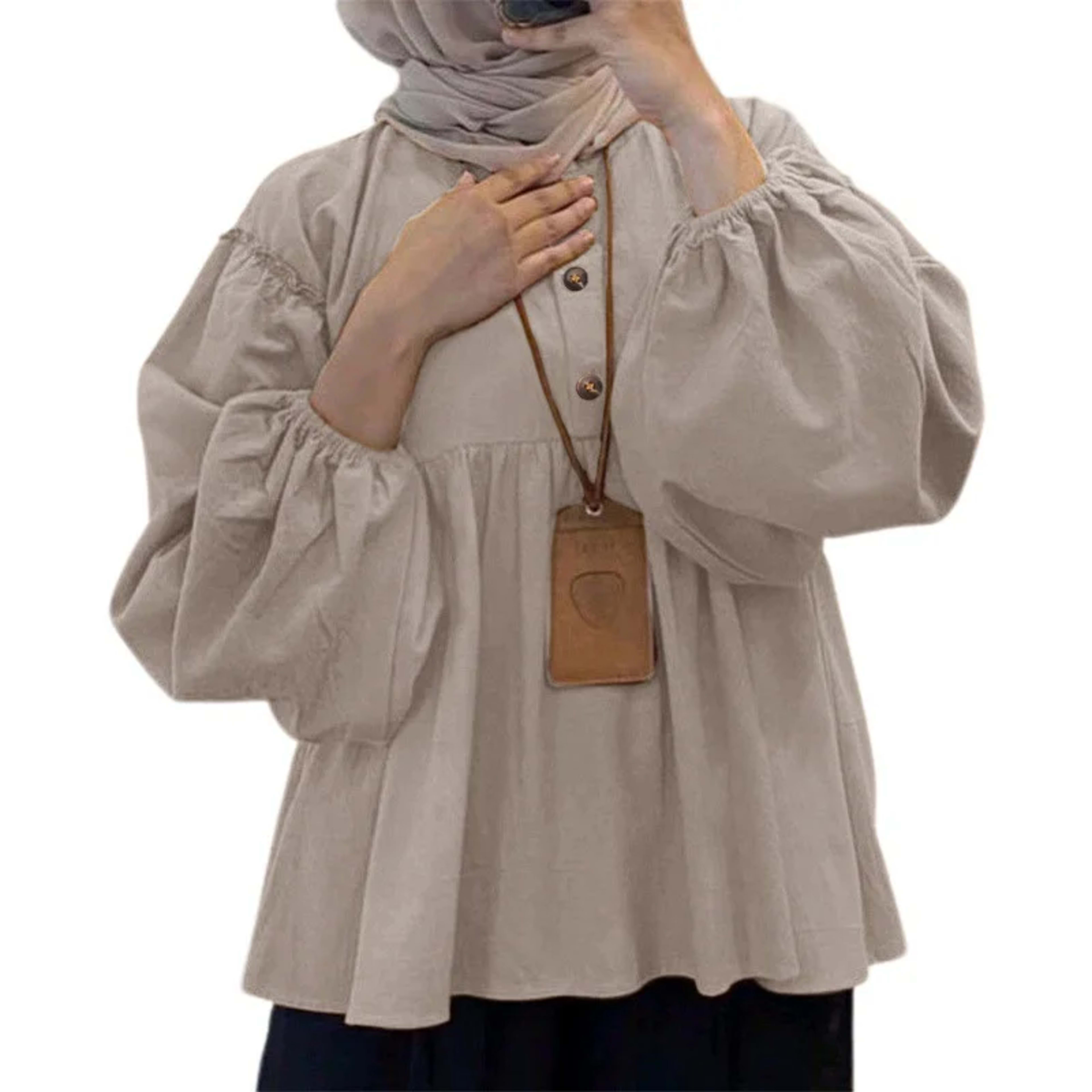 Muslim Blouse Women Autumn Top Folds Shirt Single Breasted Eid Morocco Dubai Morocco Female Blouses Modest Casual Tops R