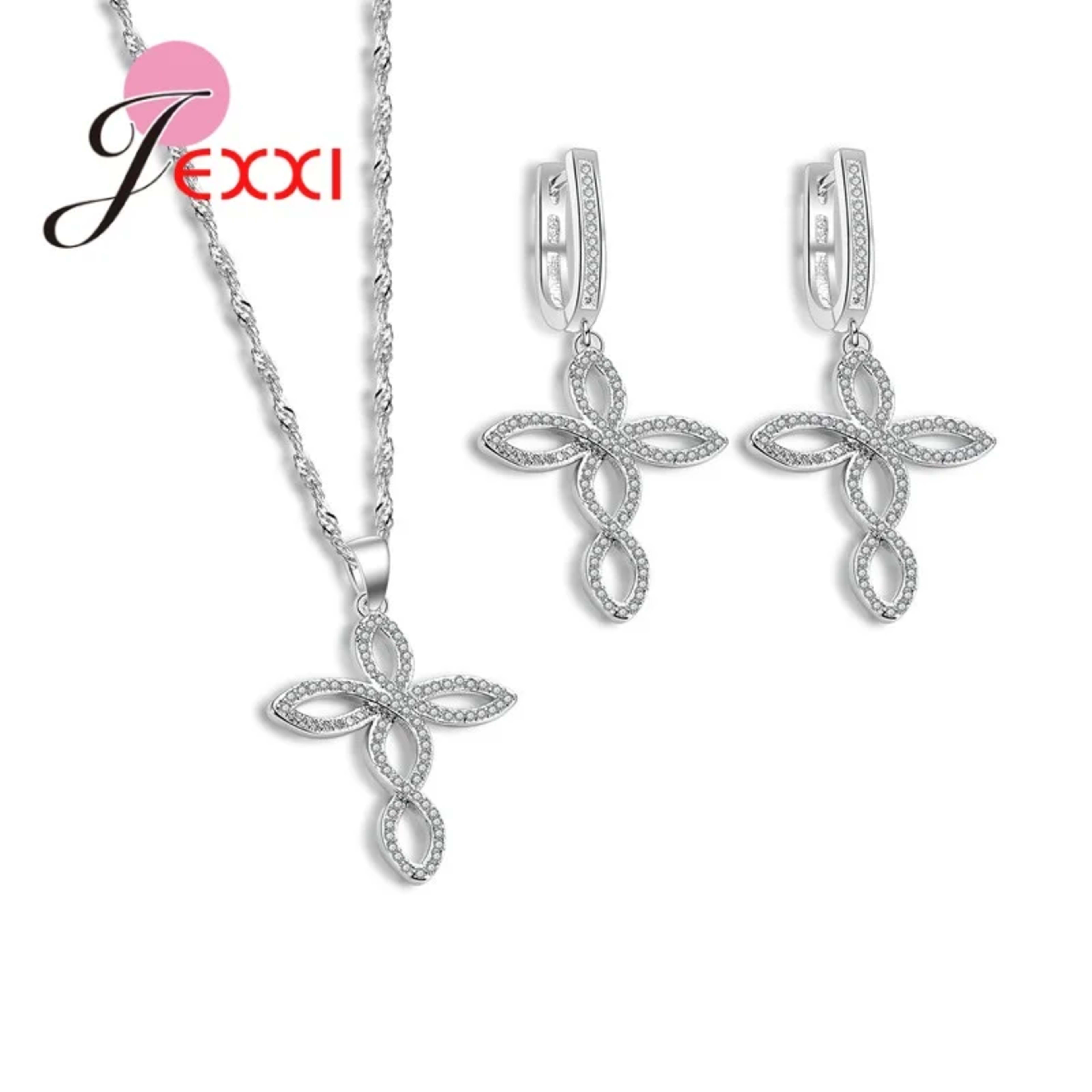 Women Wedding Jewelry Sets Charm Crystal Crooked Cross Pendant Necklaces Earrings Sets Shininy 925 Sterling Silver Bijo