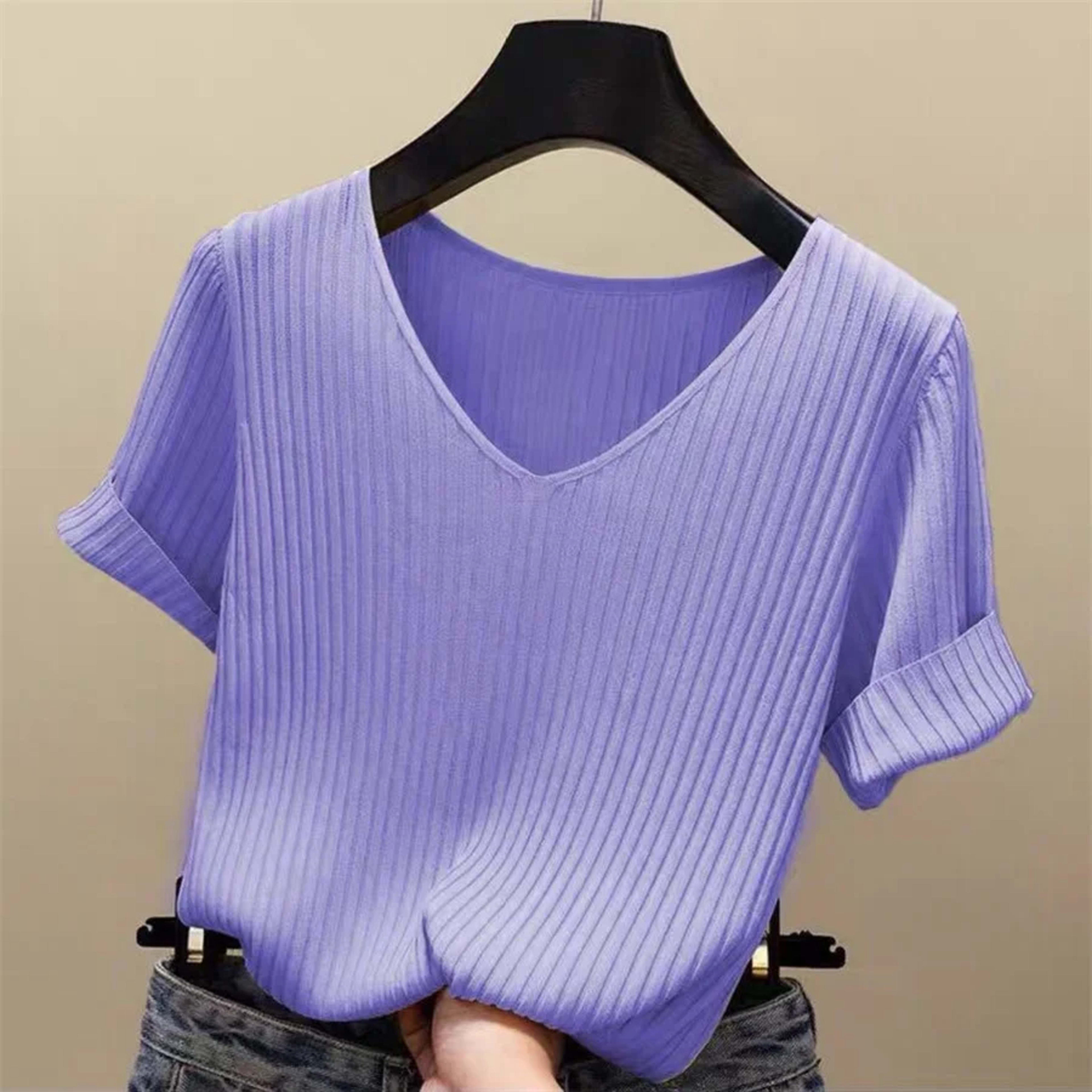 Blouse Women Blusas Mujer De Moda Verano Short Sleeve Blouse V-Neck Knitted Blouse Shirt Tops Women Blusas DF4907 8