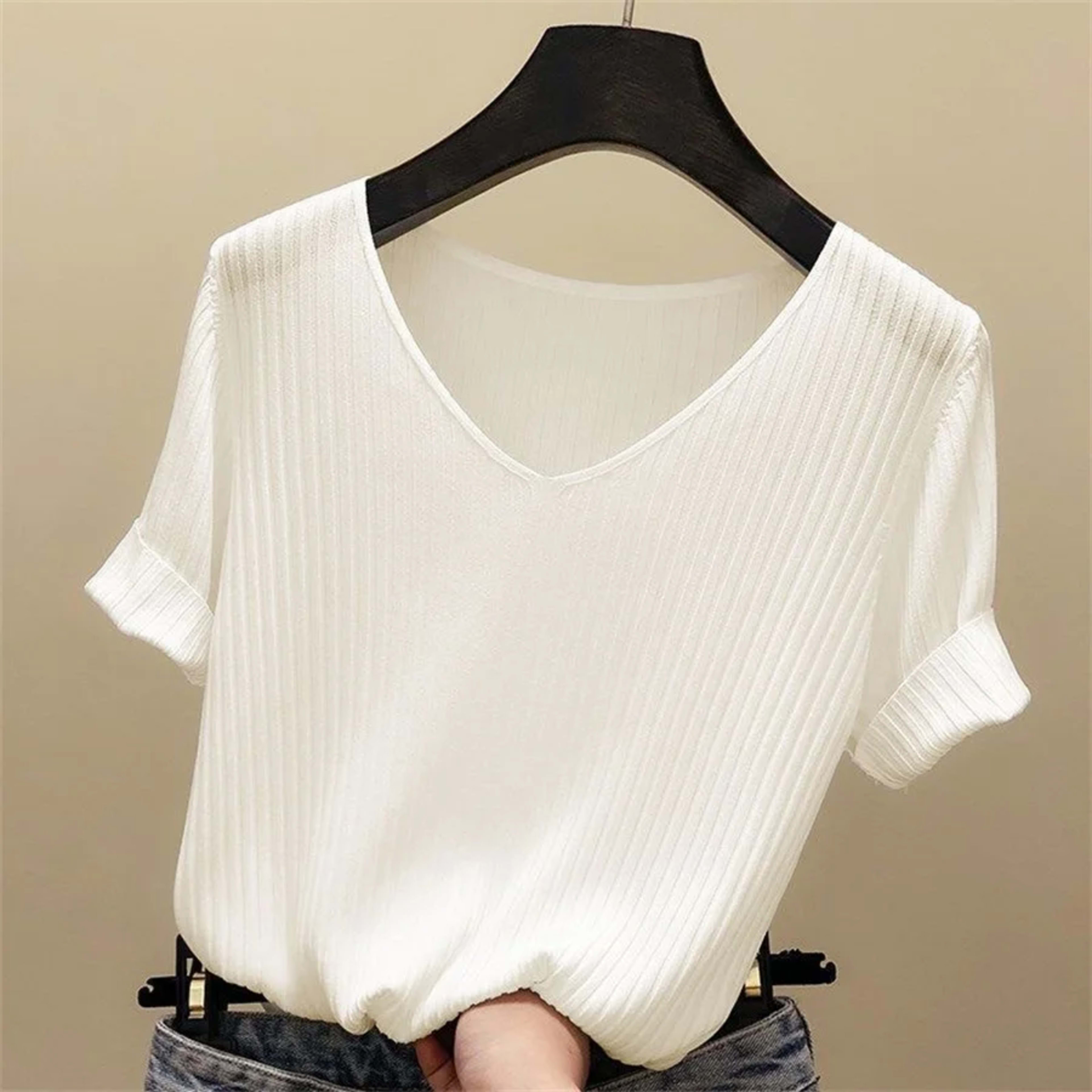 Blouse Women Blusas Mujer De Moda Verano Short Sleeve Blouse V-Neck Knitted Blouse Shirt Tops Women Blusas DF4907 7