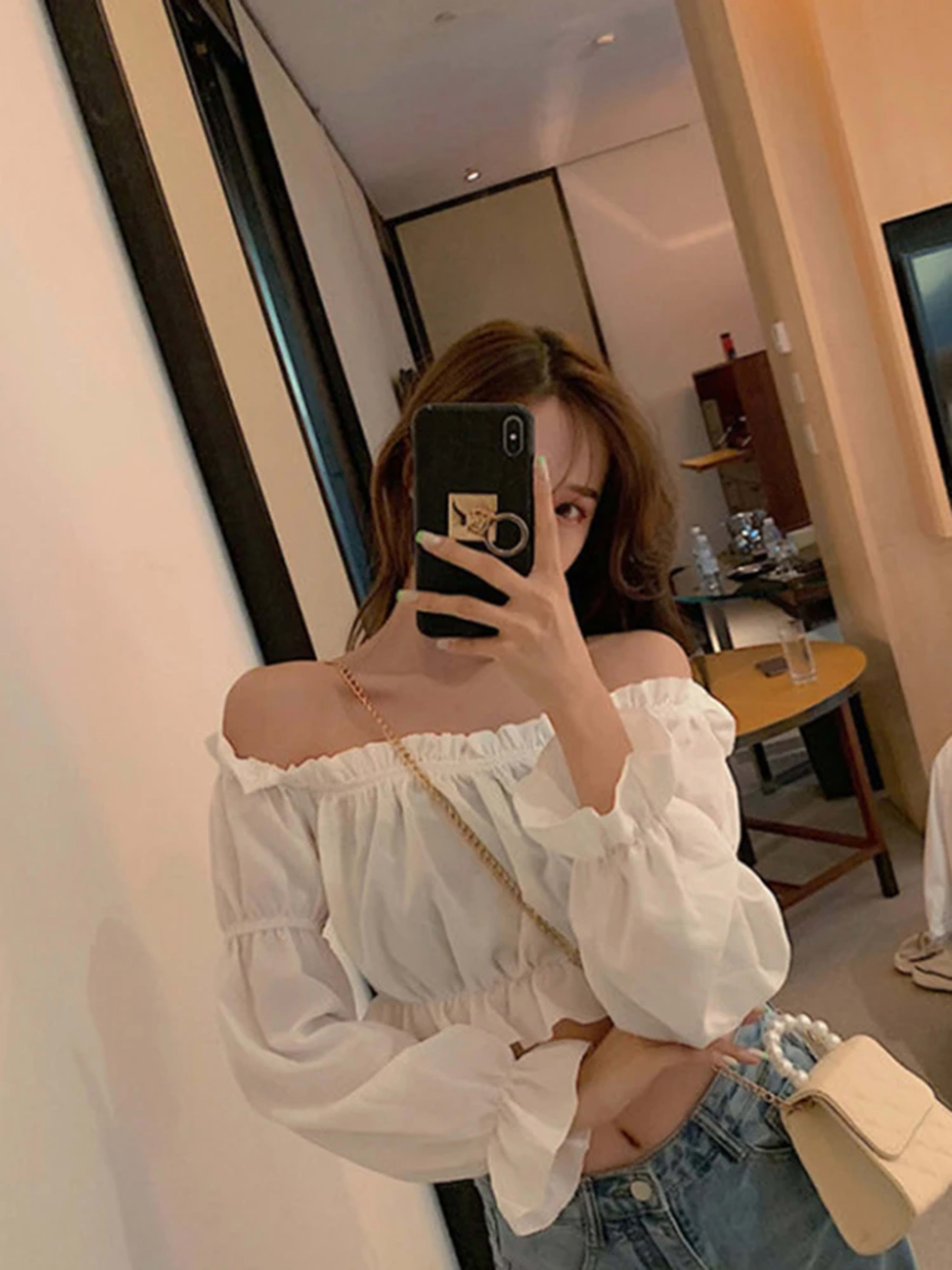Women Top Sexy Blouse Off Shoulder Top Long Sleeve Solid Color White Shirt Puff Sleeve Ruffle Tunic Crop Top Summer Tube 4