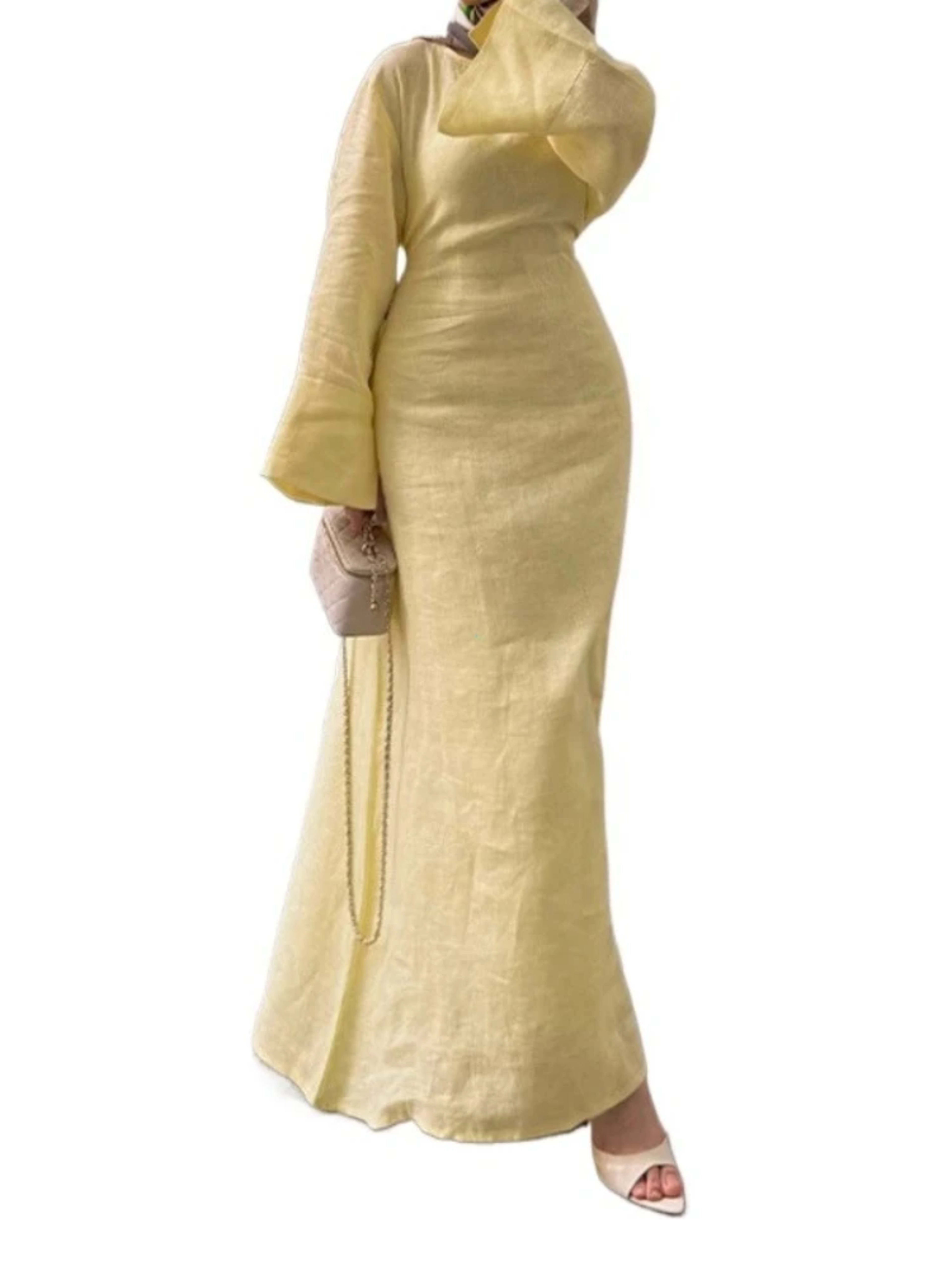 Women' Dresses Elegant O-neck Cotton Lined Back Lace Up  Flare Sleeve Waist Cinching Long Robes Female 2025 Summer Lady  6